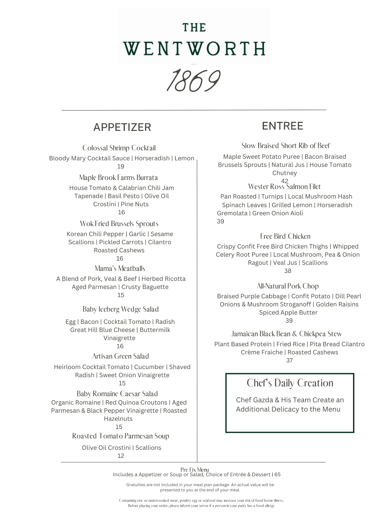 1869 Room at The Wentworth Menu