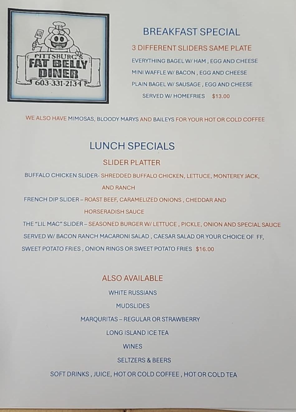 Fat Belly's Diner Menu