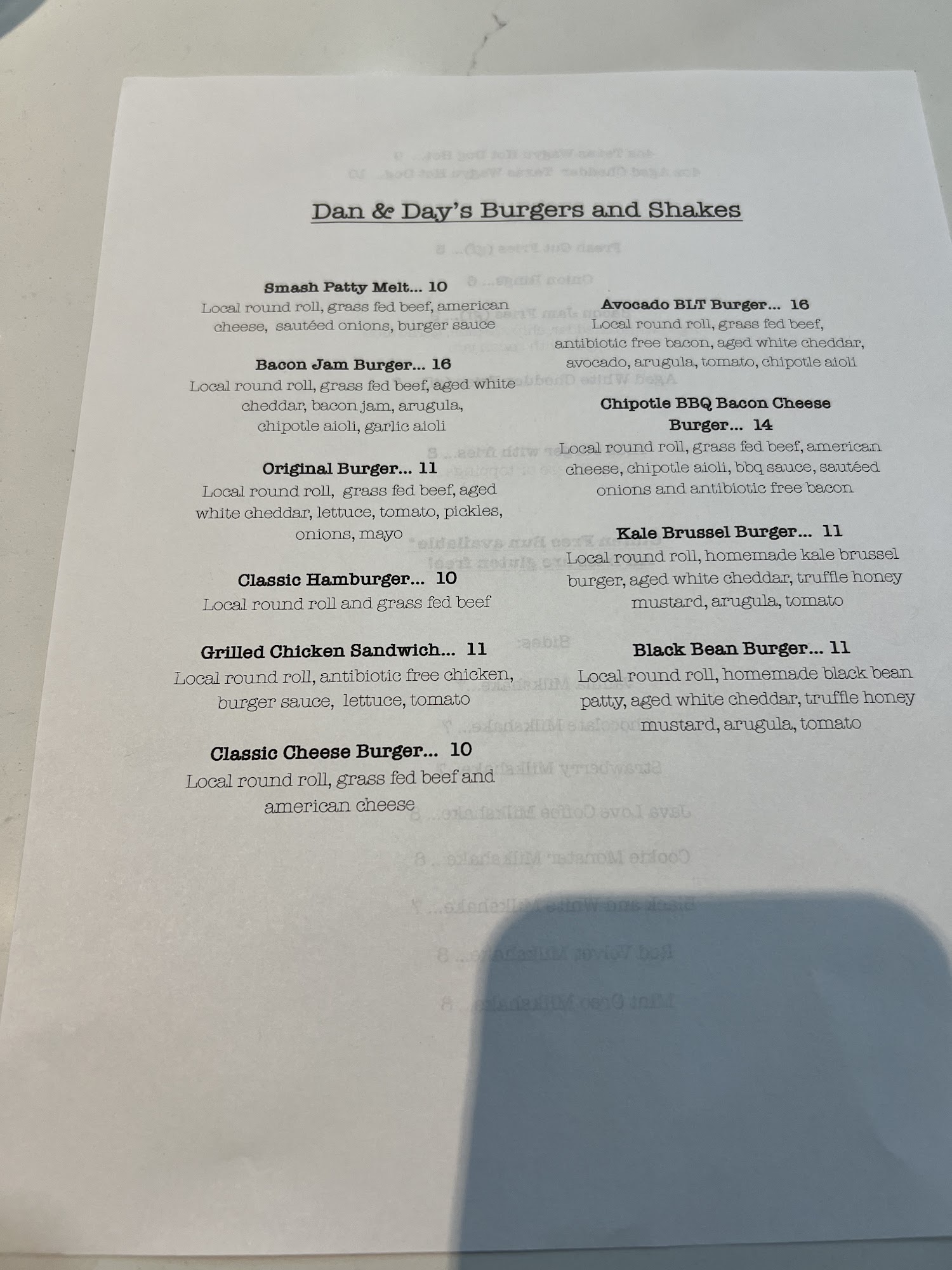 Dan & Day's Burgers and Shakes Menu