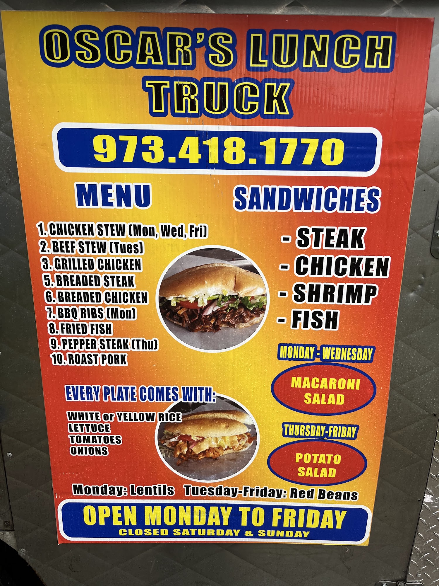Oscar's Lunch Truck Menu
