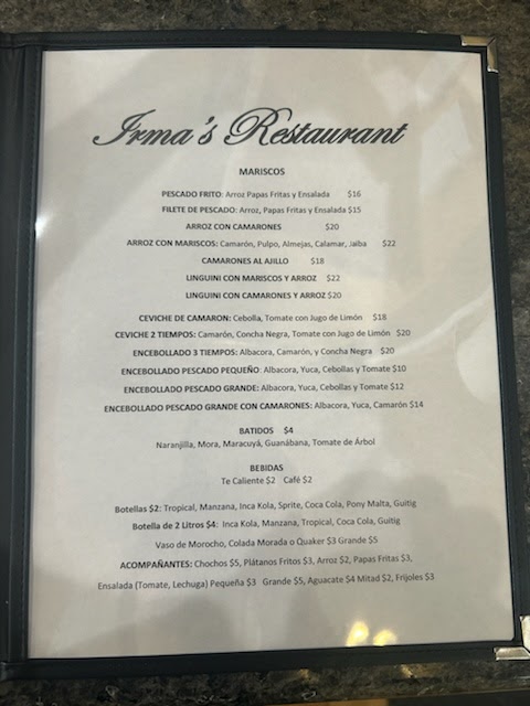 Irma's Restaurant Menu
