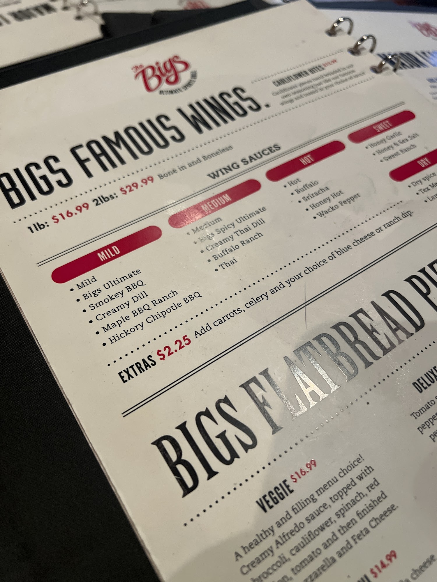 The Bigs Ultimate Sports Grill Menu