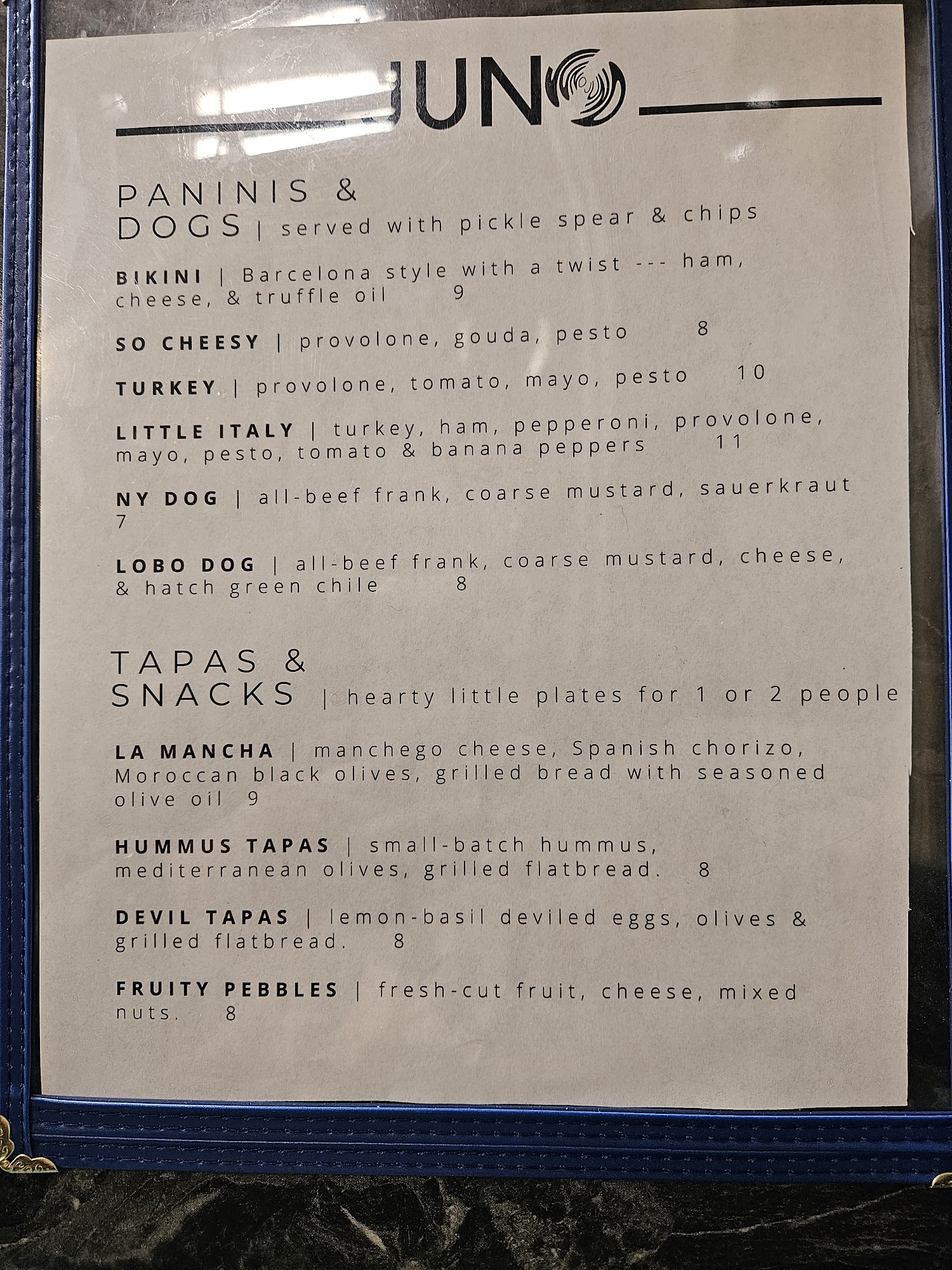 JUNO Brewery Menu