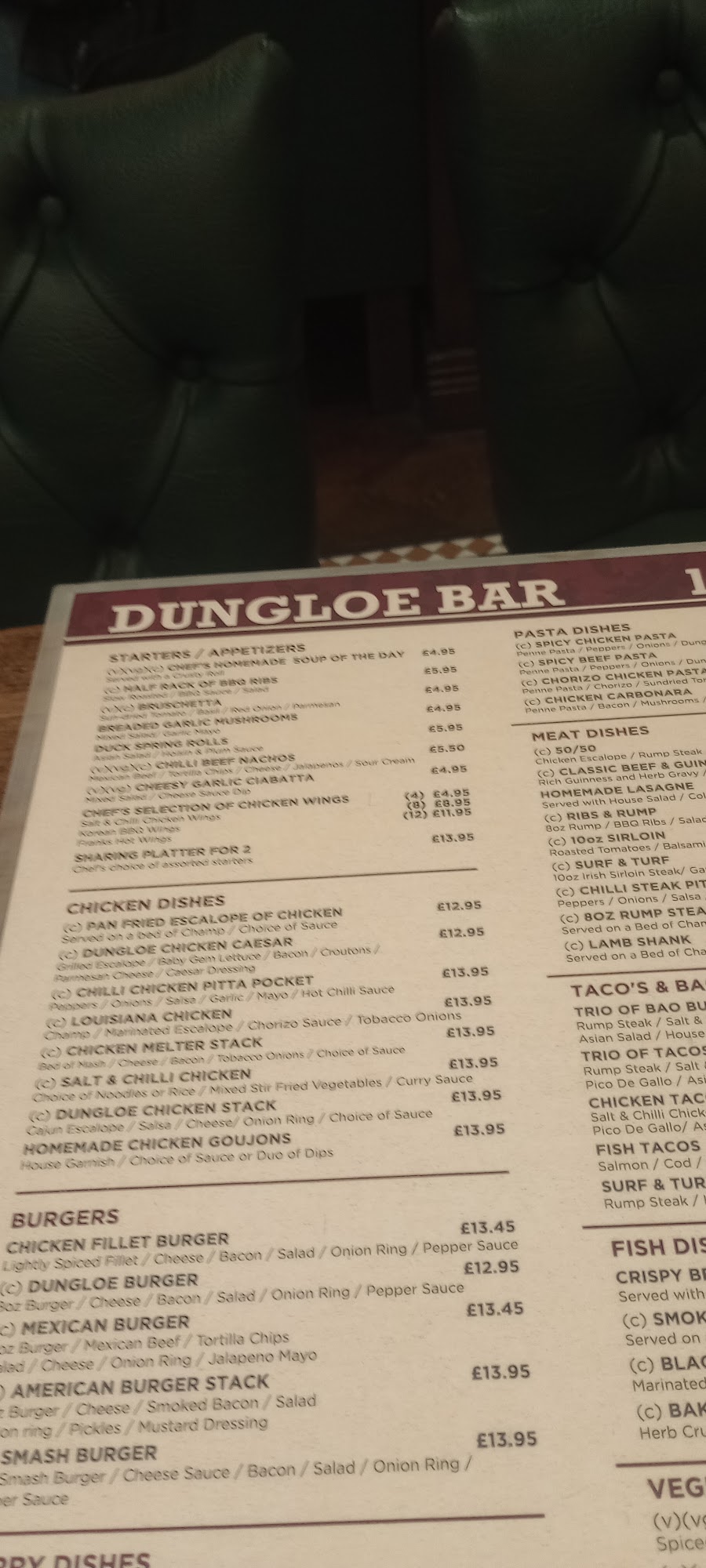 Dungloe Bar Menu