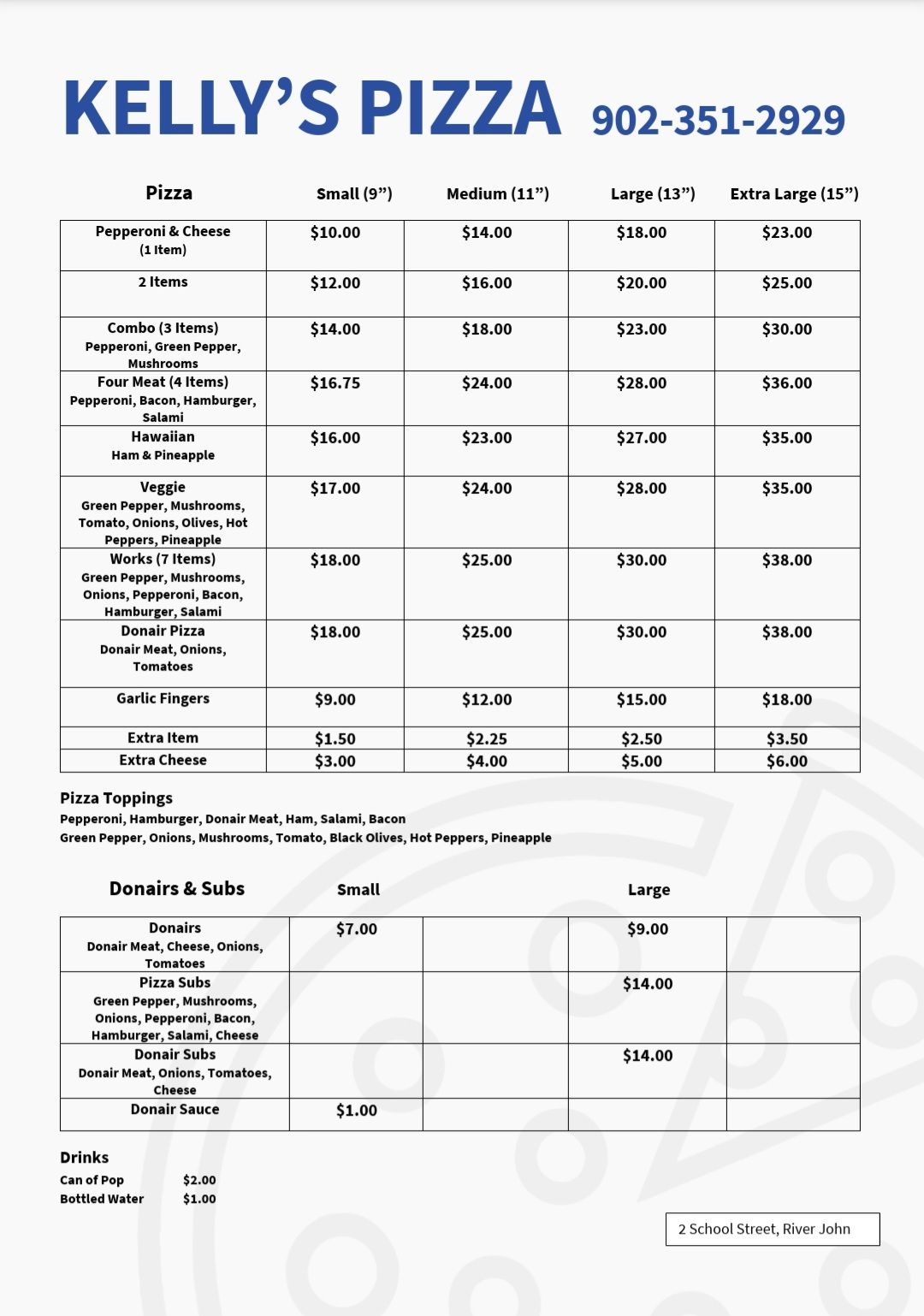 Kelly's Pizza (RJ Food Service) Menu
