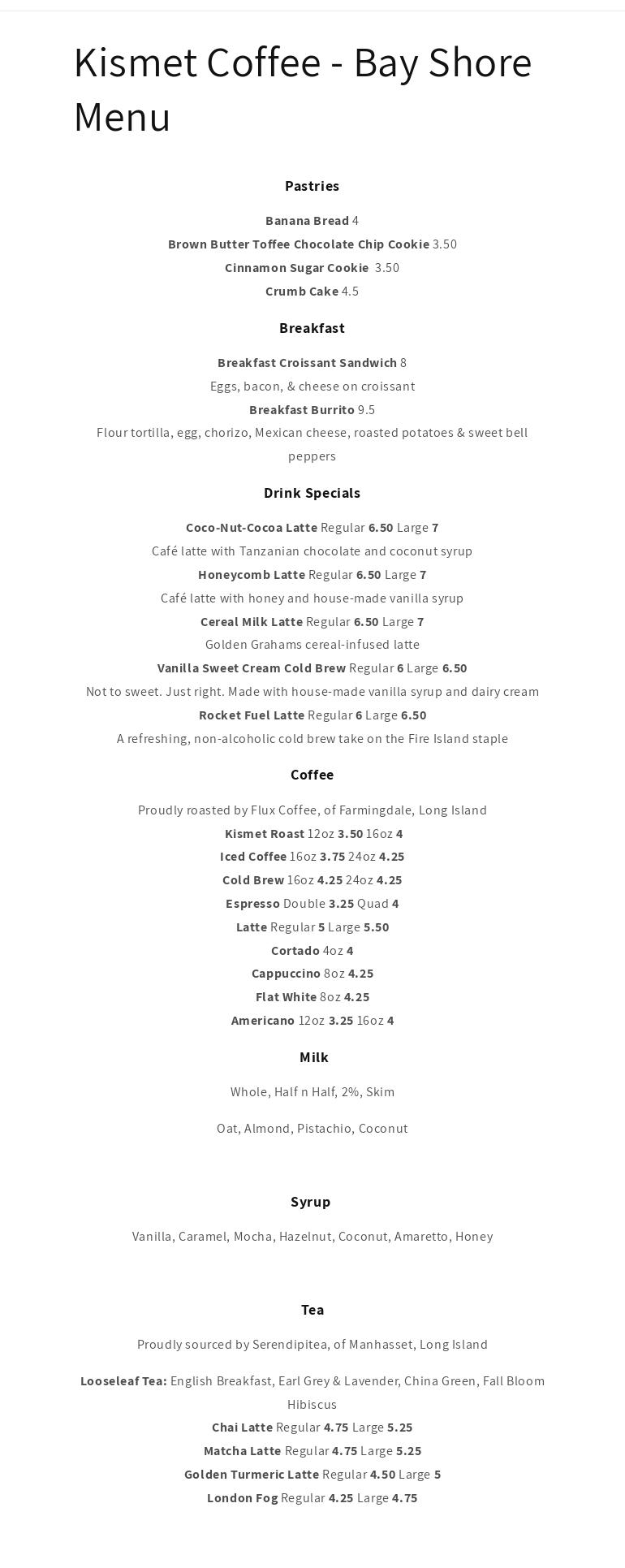 Kismet Coffee Company - Bay Shore Menu