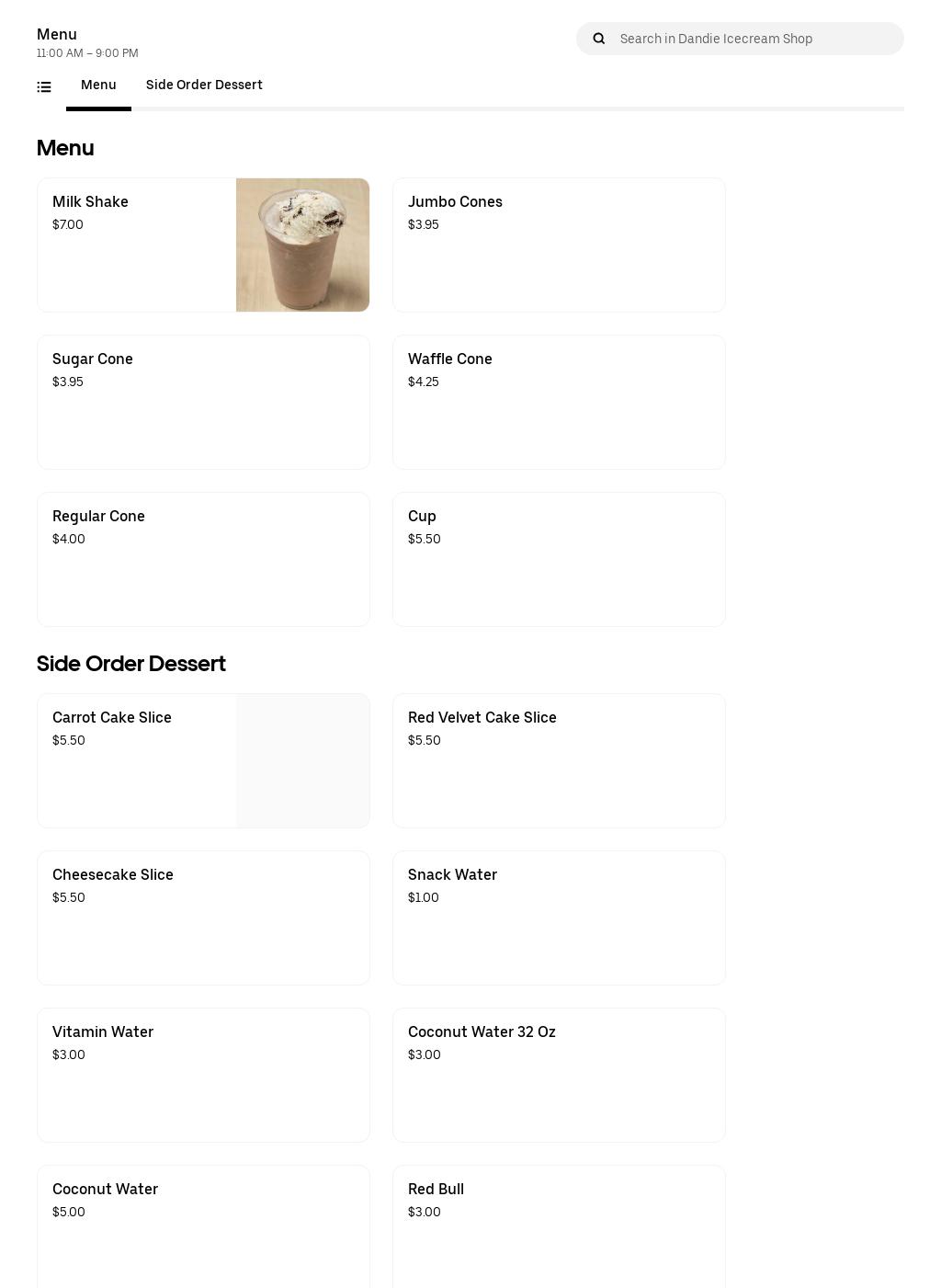 Dandie's Ice Cream Shop Menu