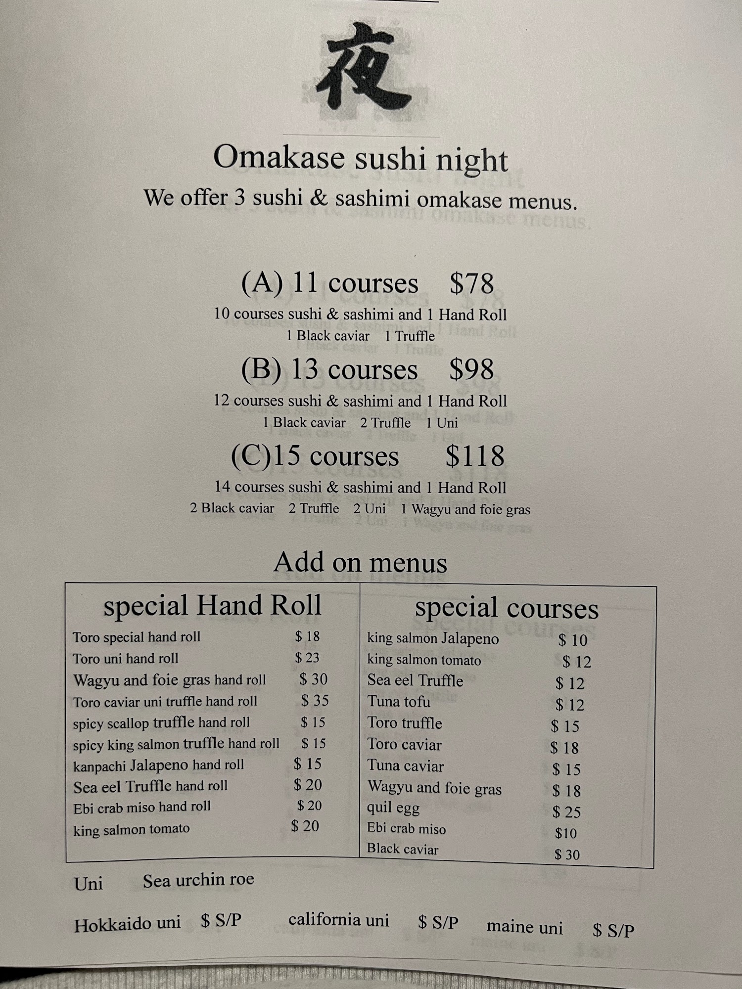 Omakase Sushi Night Menu