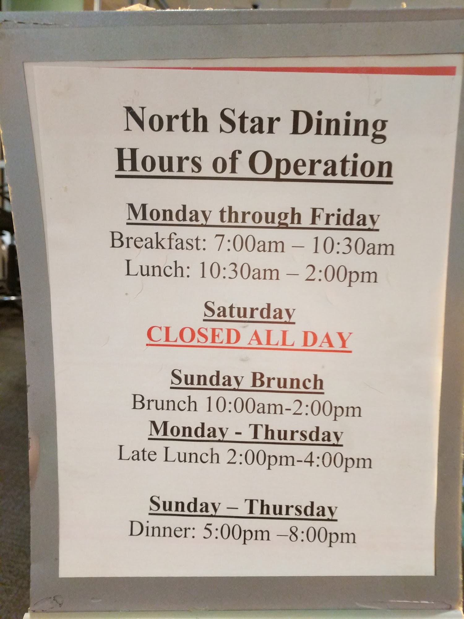 North Star Dining Room Menu