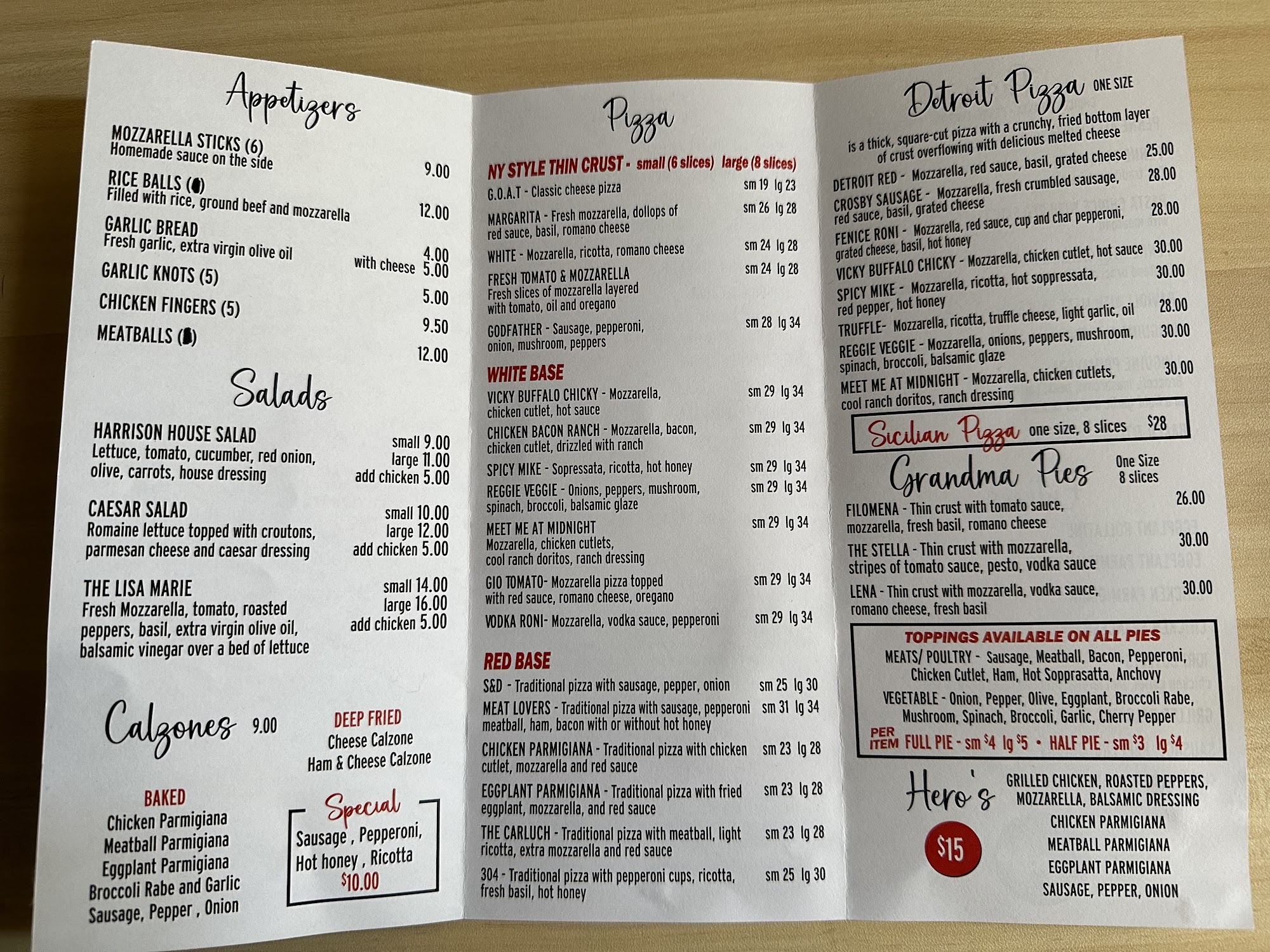 Tori T's Pizzeria Menu