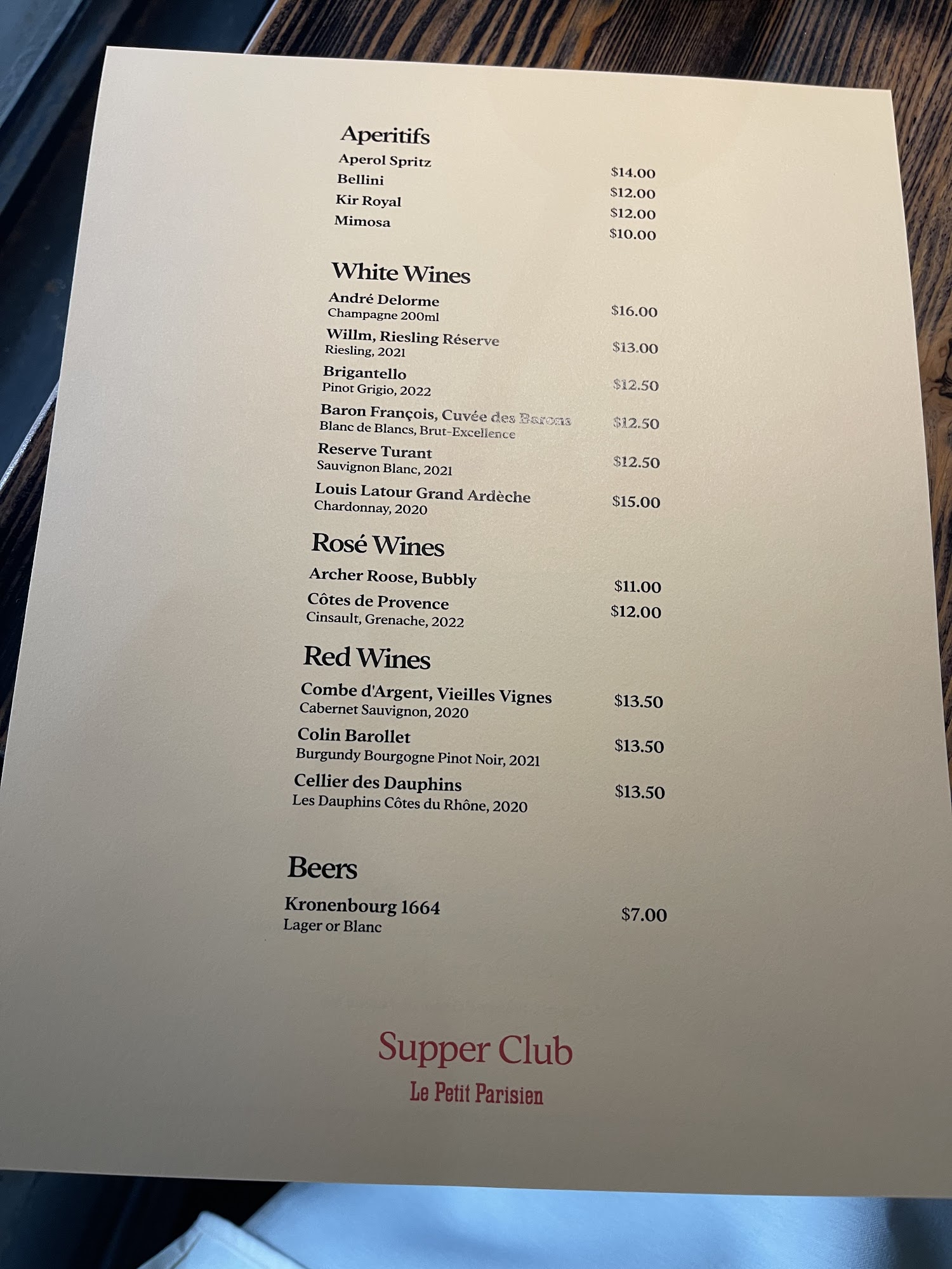 Supper Club By Le Petit Parisien Menu