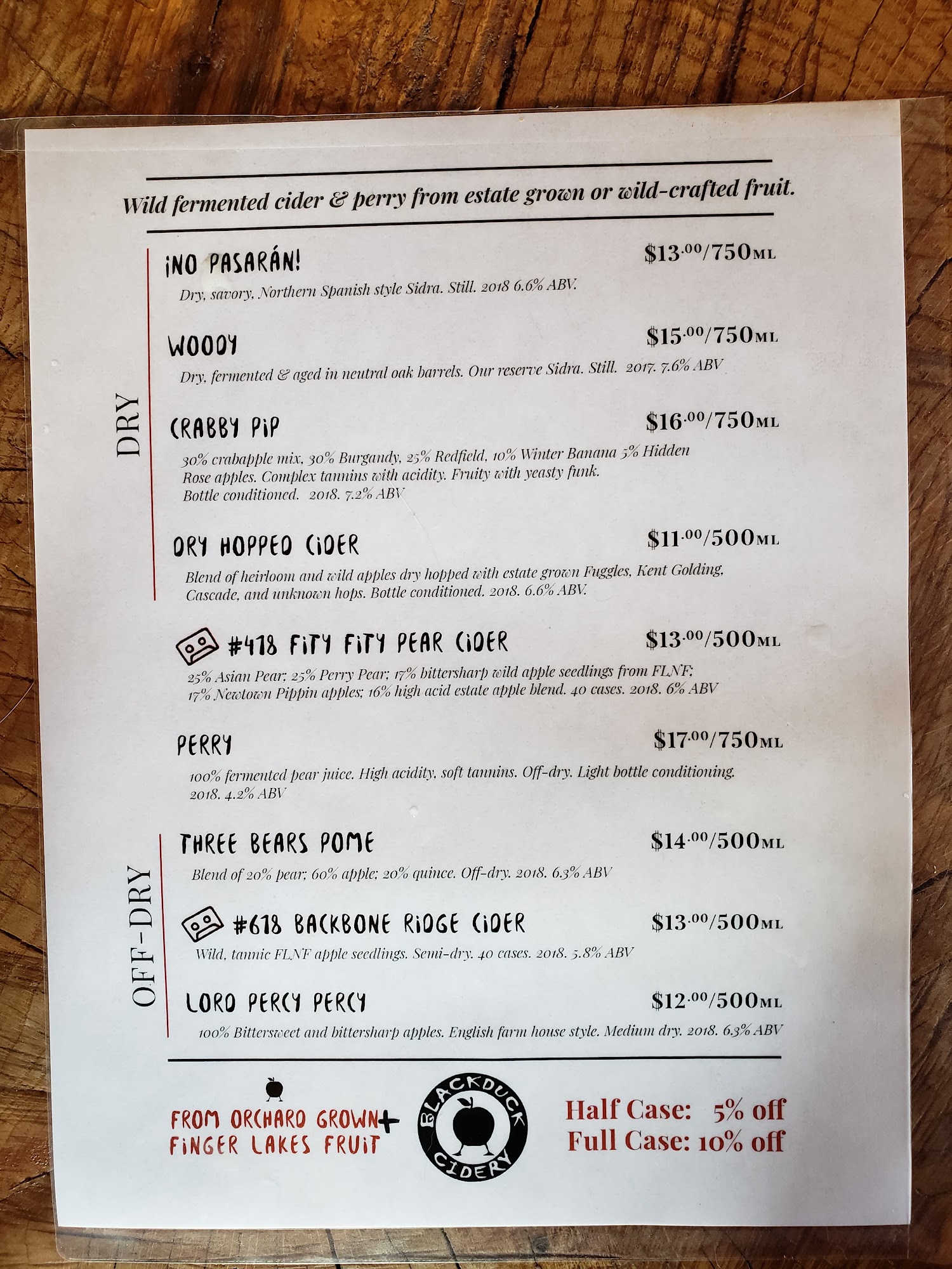Blackduck Cidery Menu