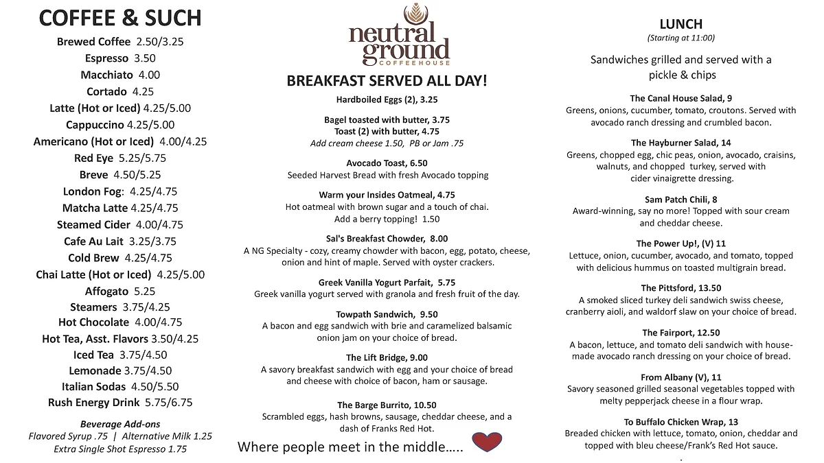 Neutral Ground Coffeehouse -Corn Hill Menu