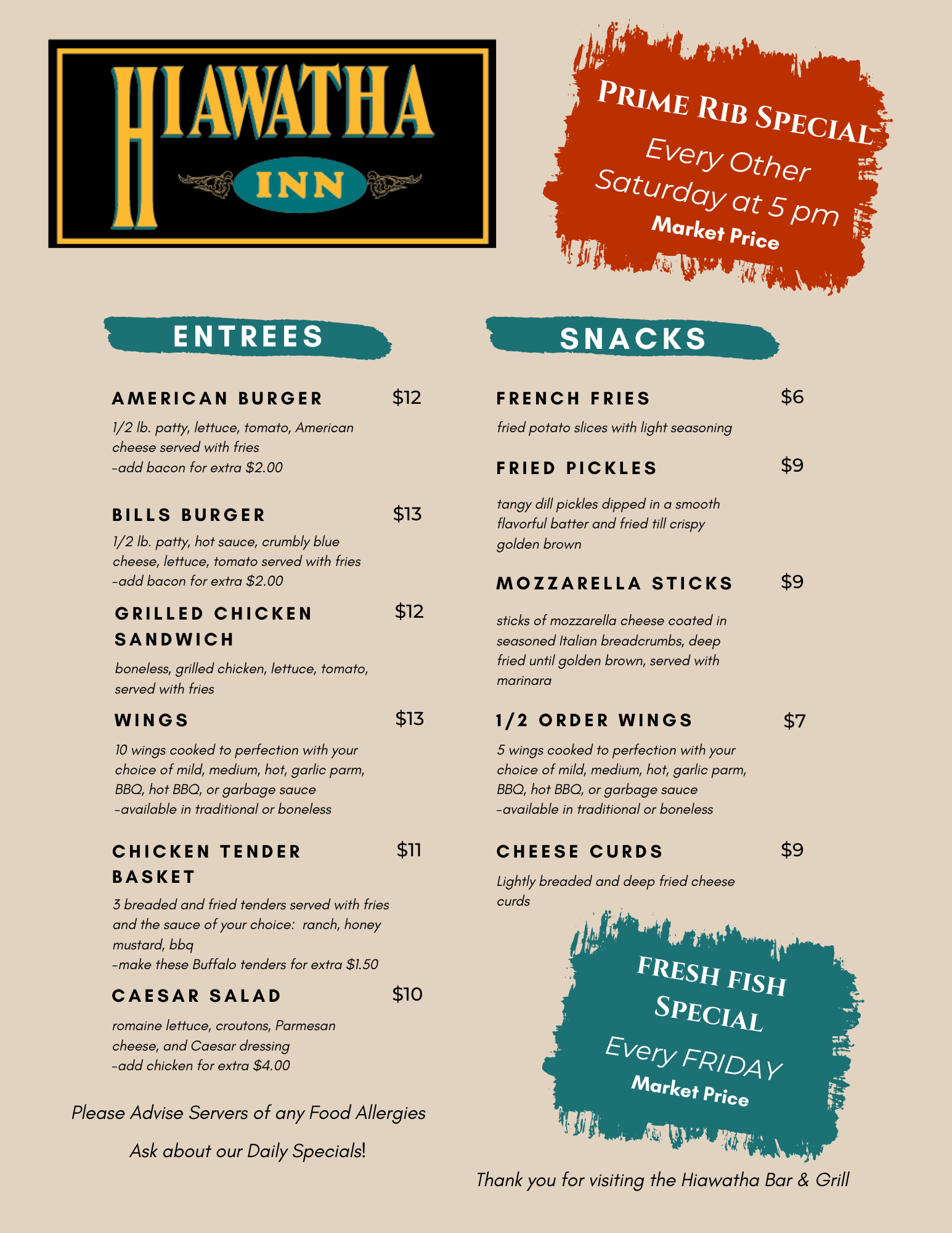 Hiawatha Inn Menu