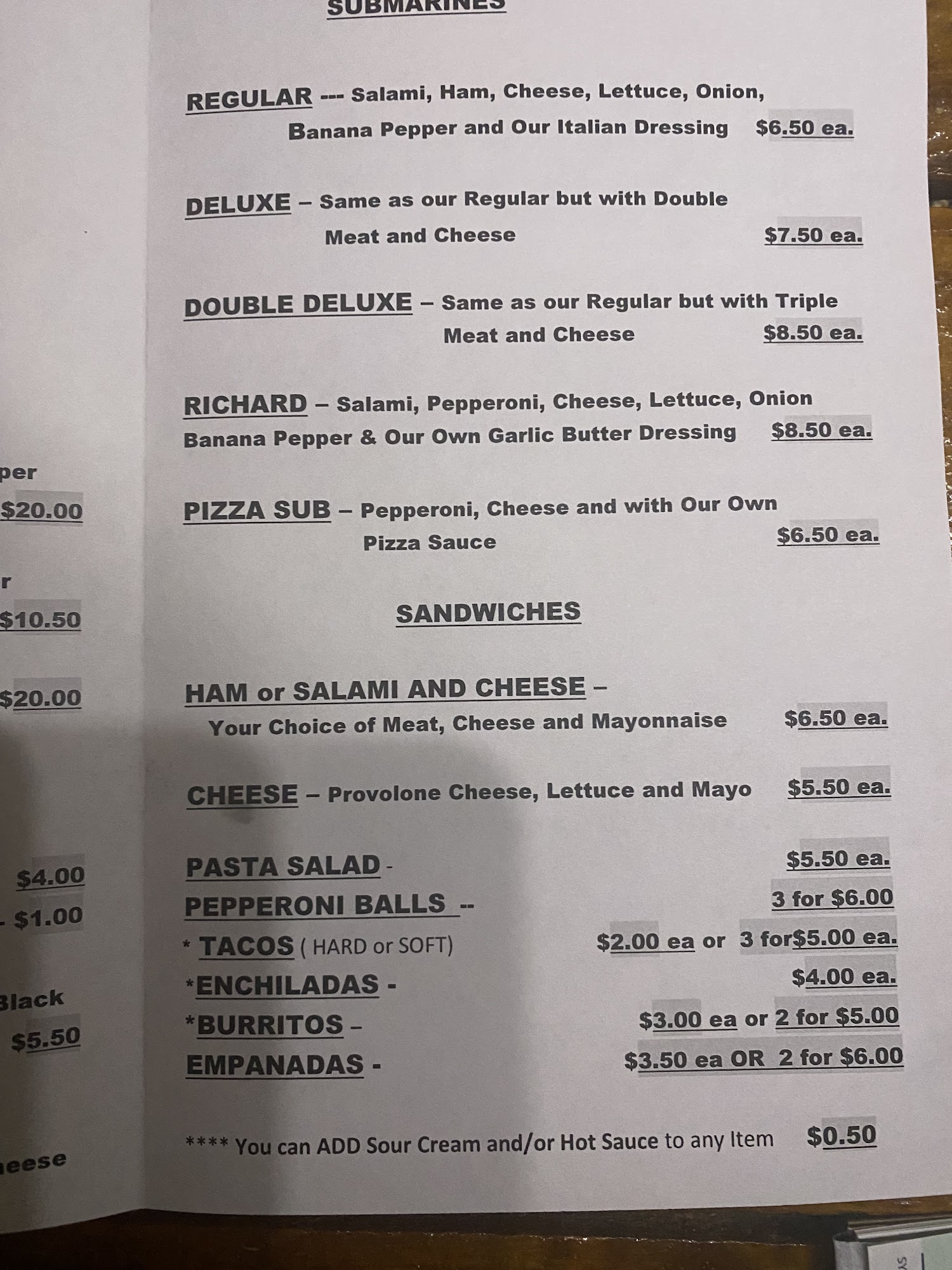 Hernandez Pizzeria Menu