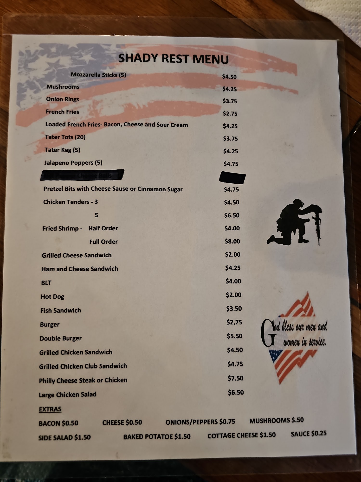 Shady Rest Army Navy Menu