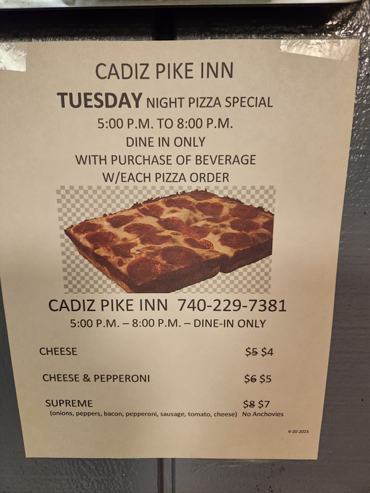 The Cadiz Pike Inn Menu