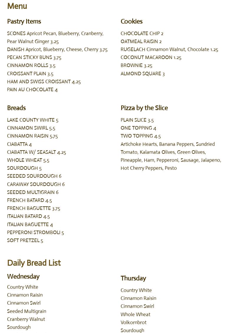 Awaken Bake Company Menu