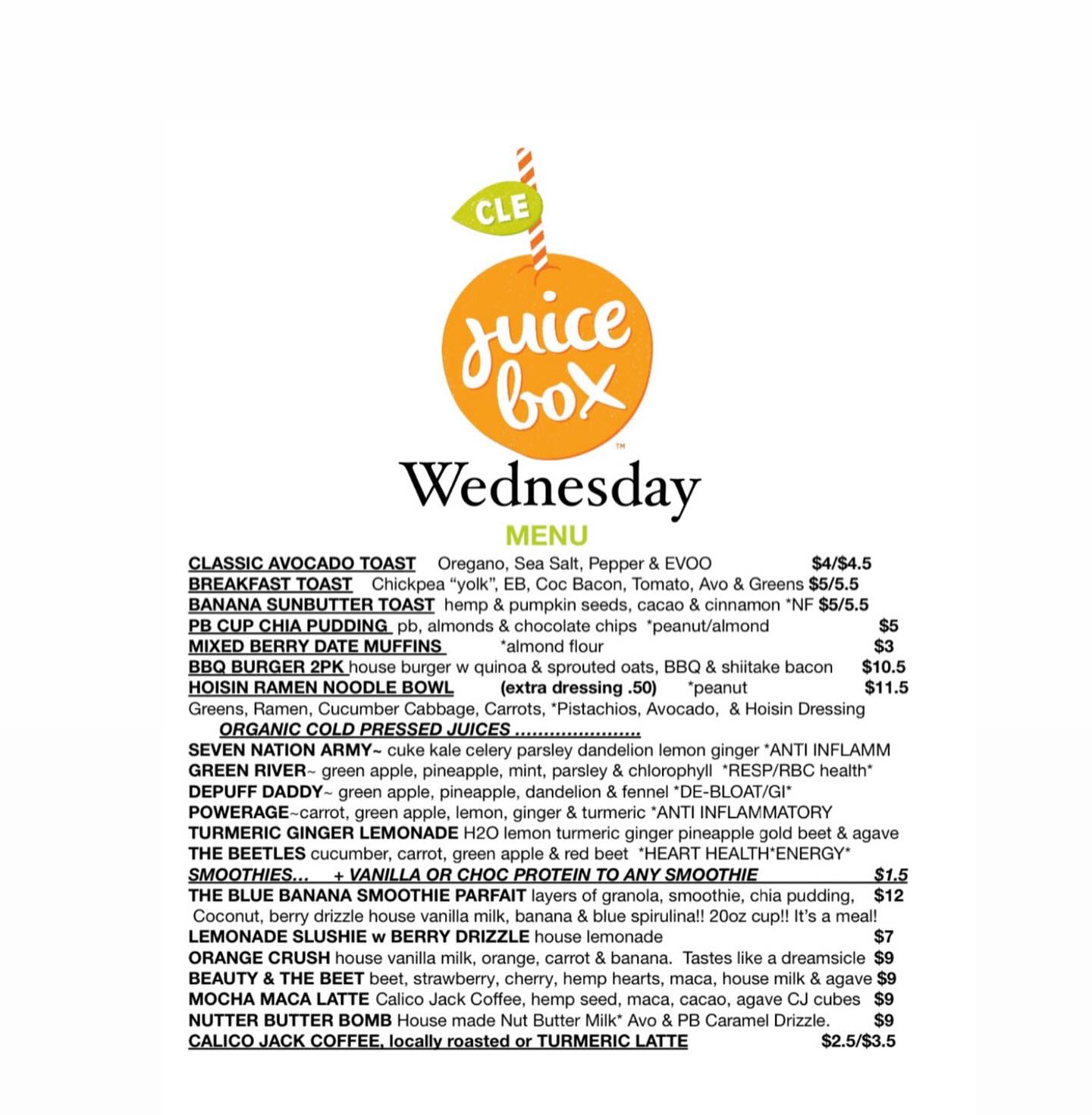 CLE Juice Box Menu