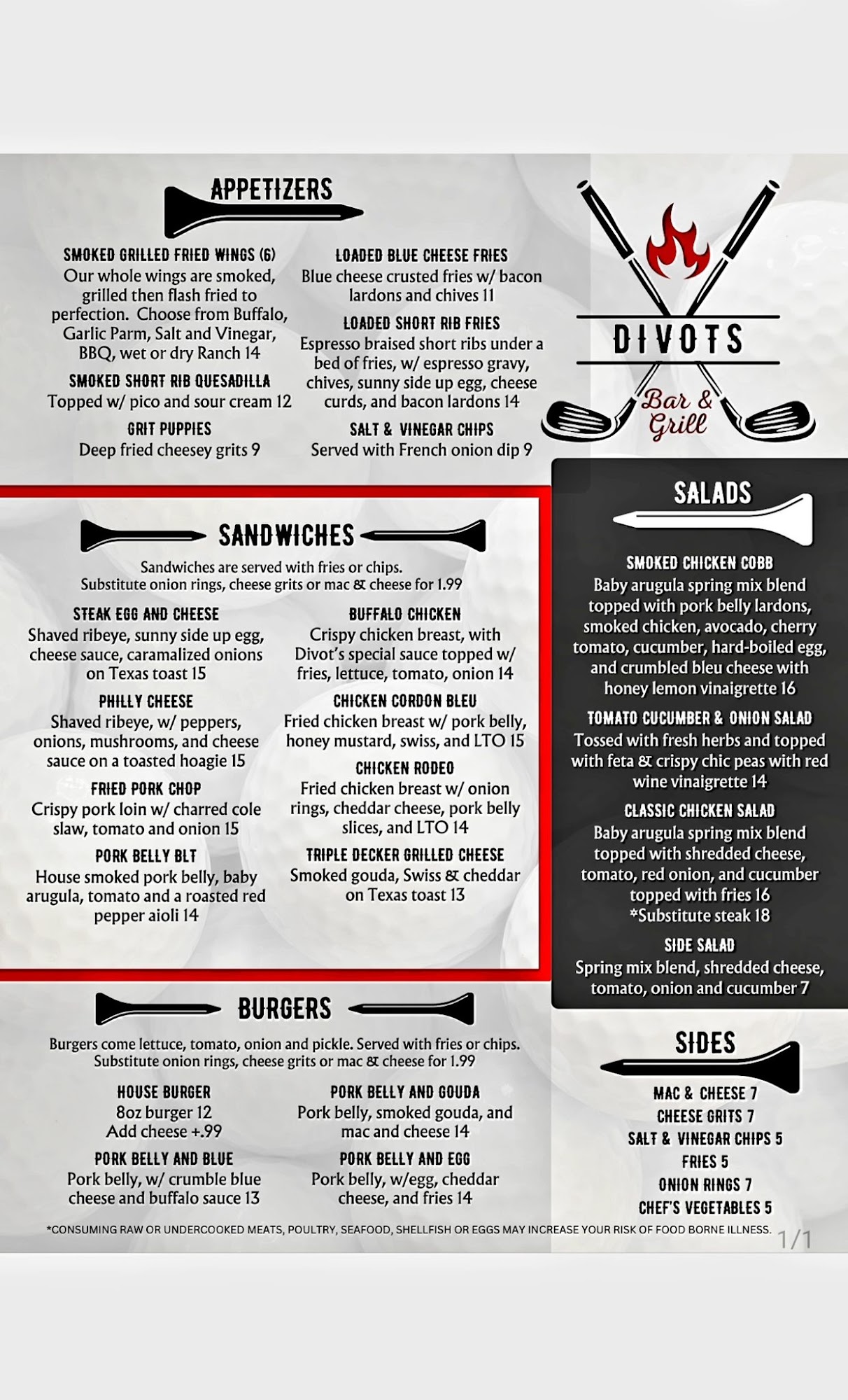 Divots Bar and Grill Menu
