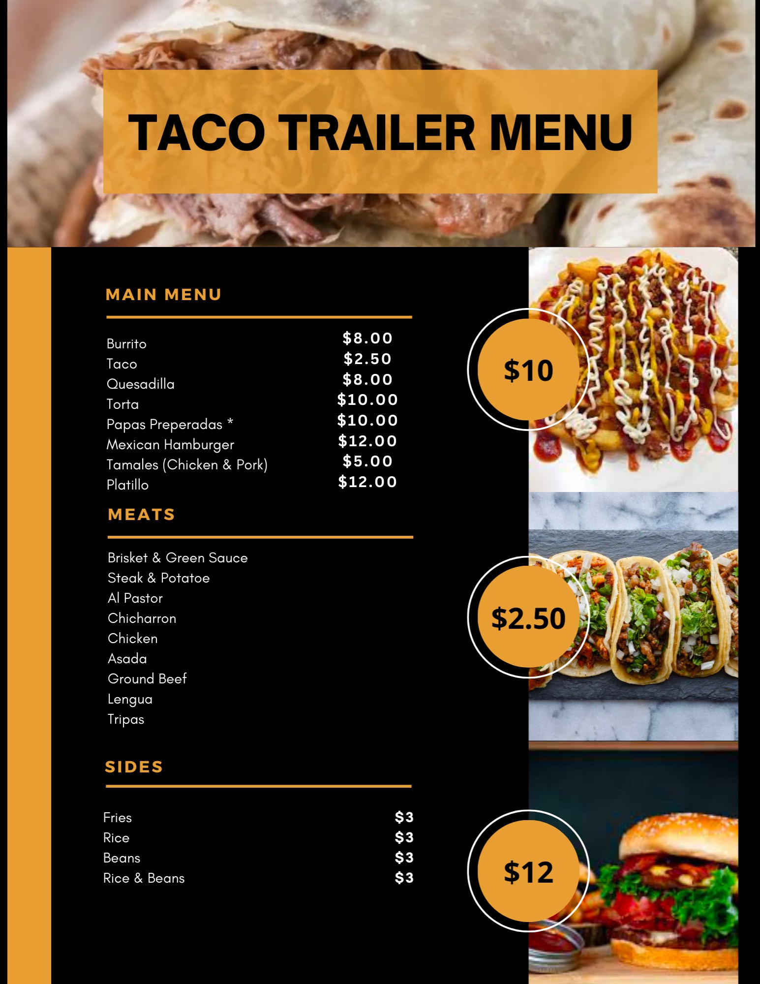 The Golden Burrito Trailer Menu