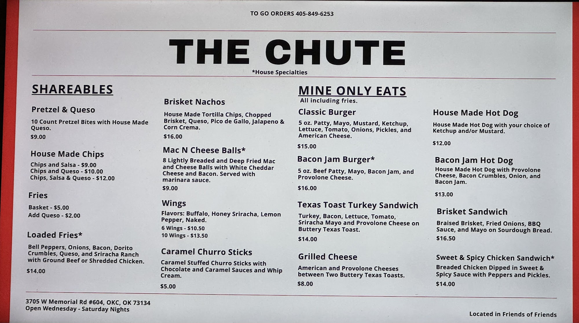 The Chute Menu