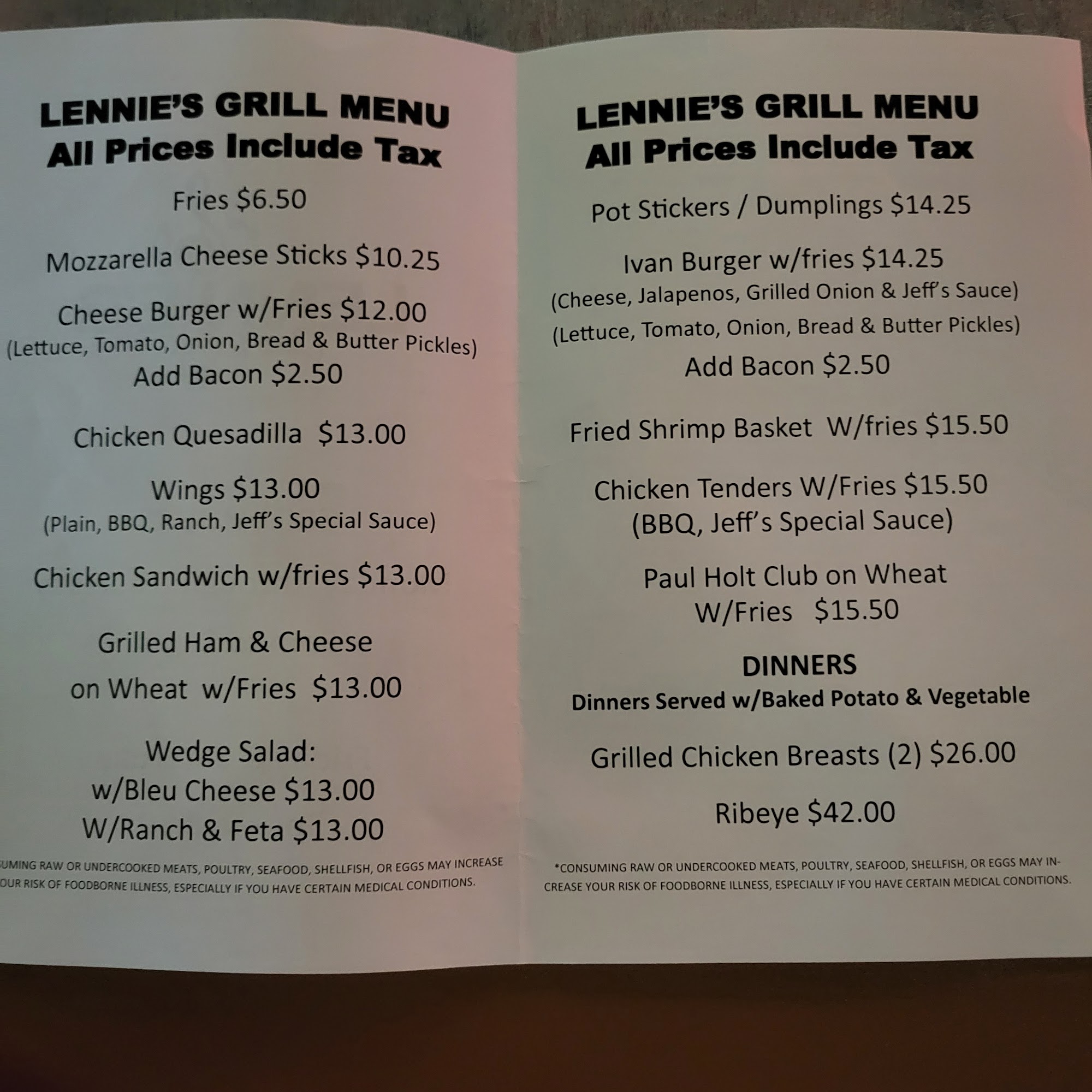 Lennie's Club & Grill Menu