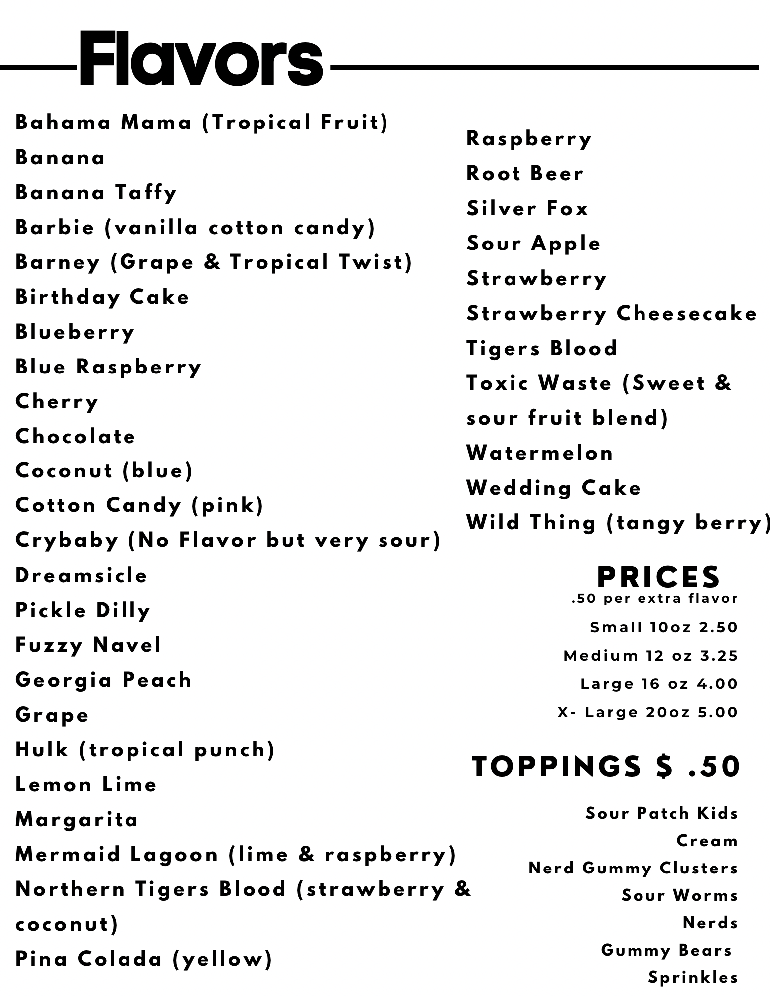Hardwaters Shaved Ice Menu
