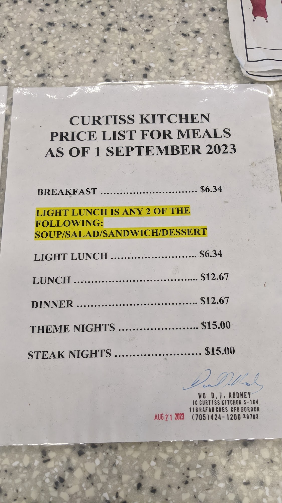 Curtiss Dining Hall Menu