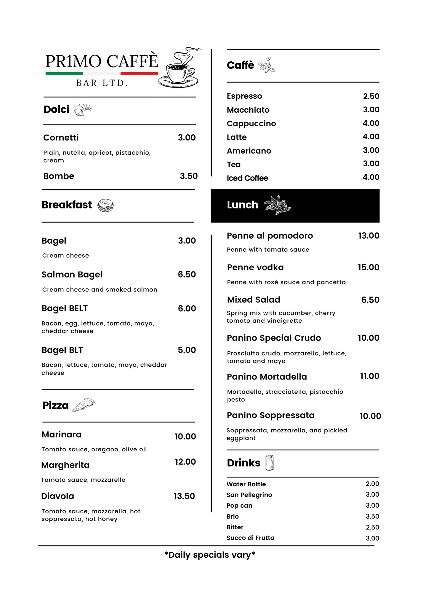 Primo Caffè Bar Menu