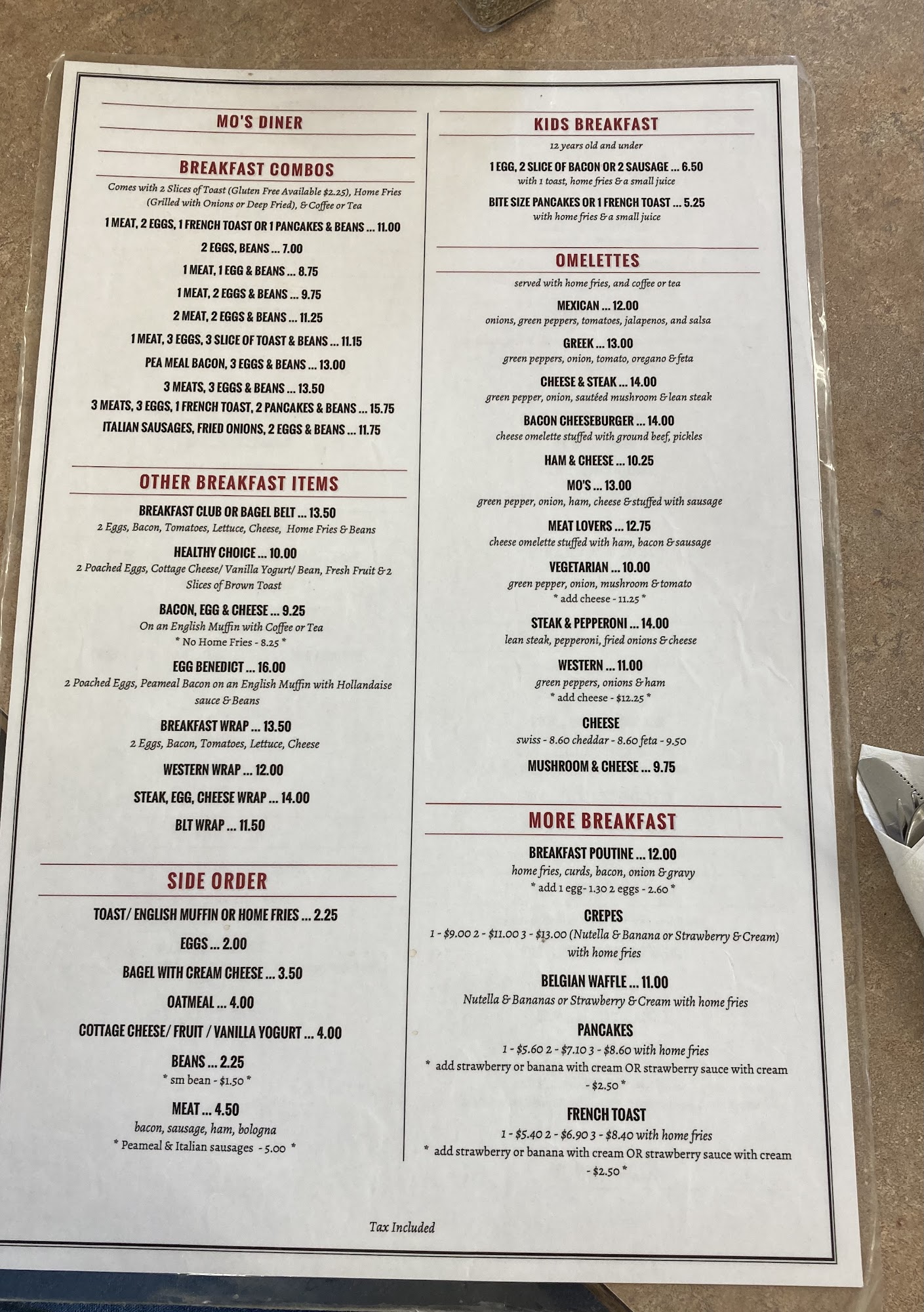 Mo's Diner Menu