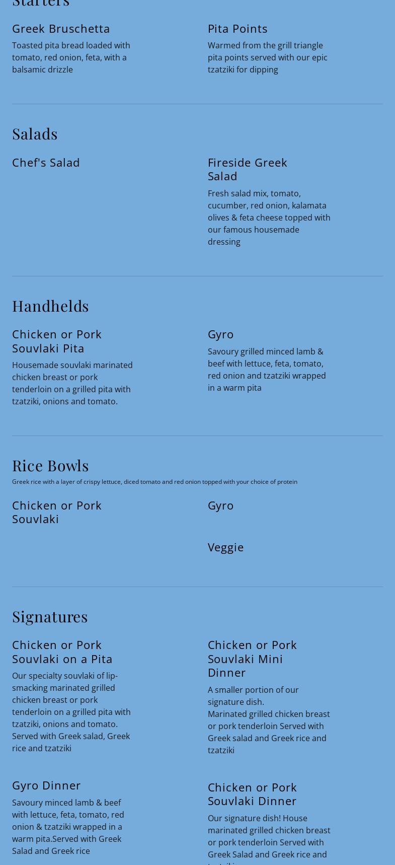 Fireside Crystal Beach Menu