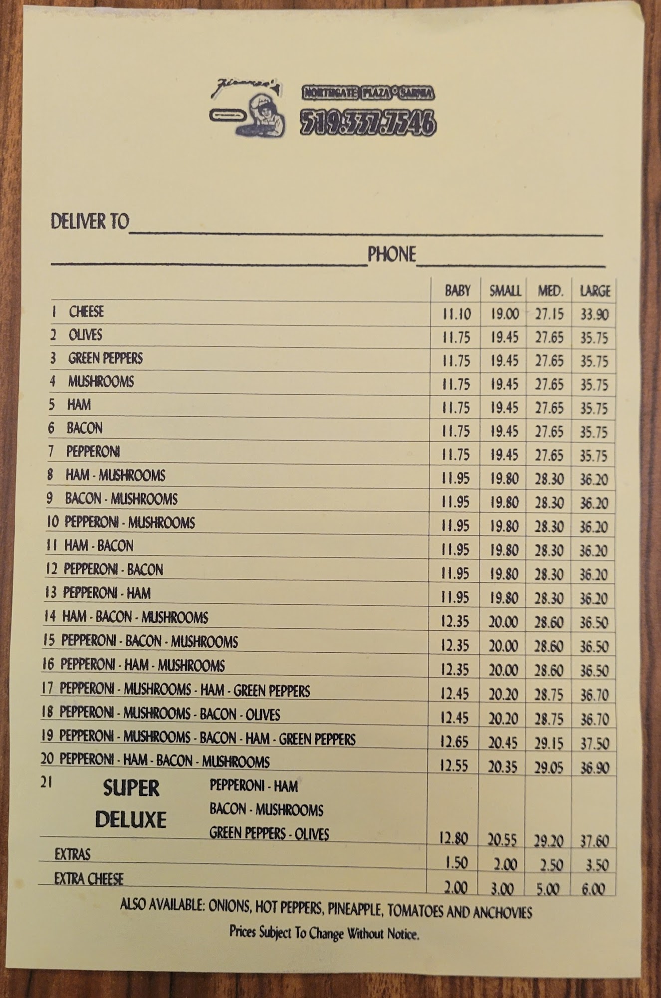 Firenze's Pizza Menu