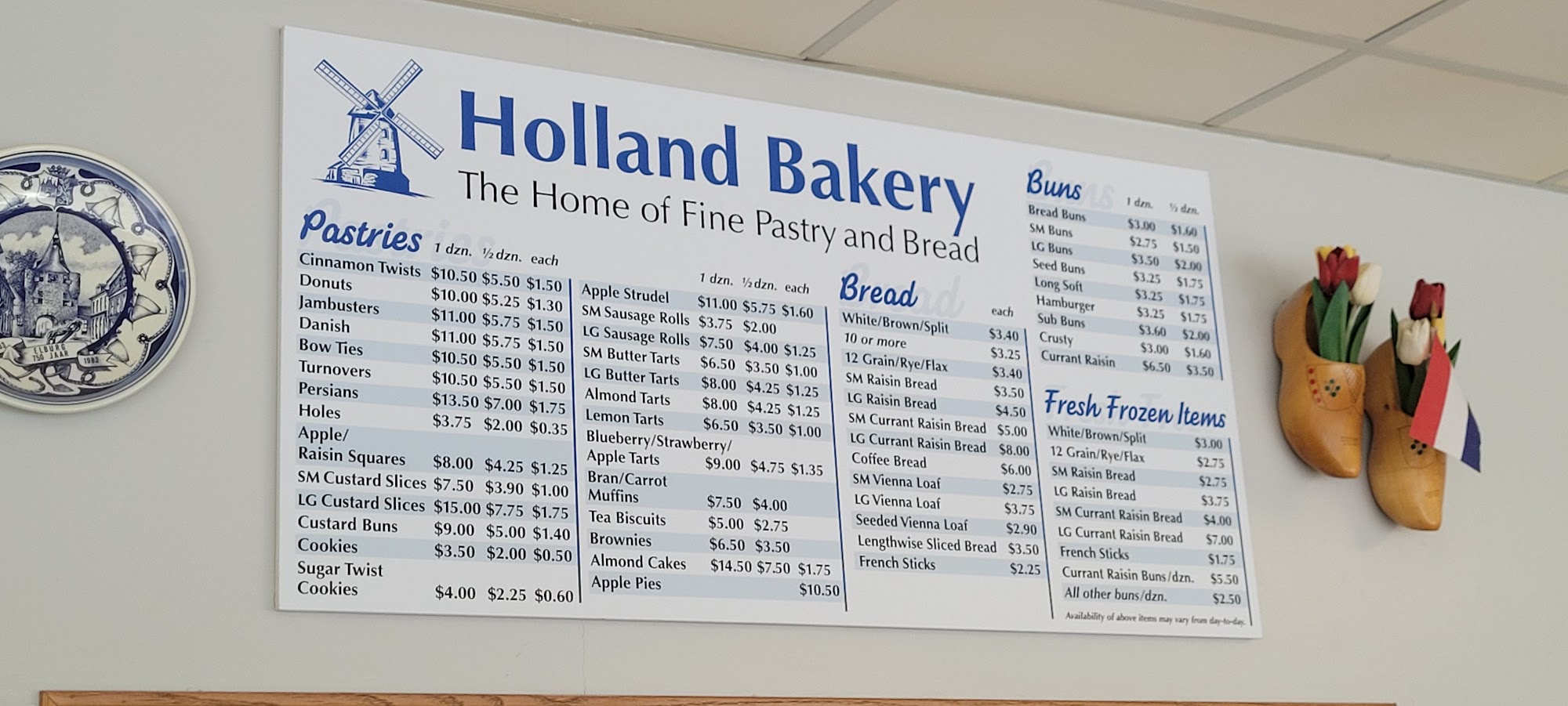 Holland Bakery Menu