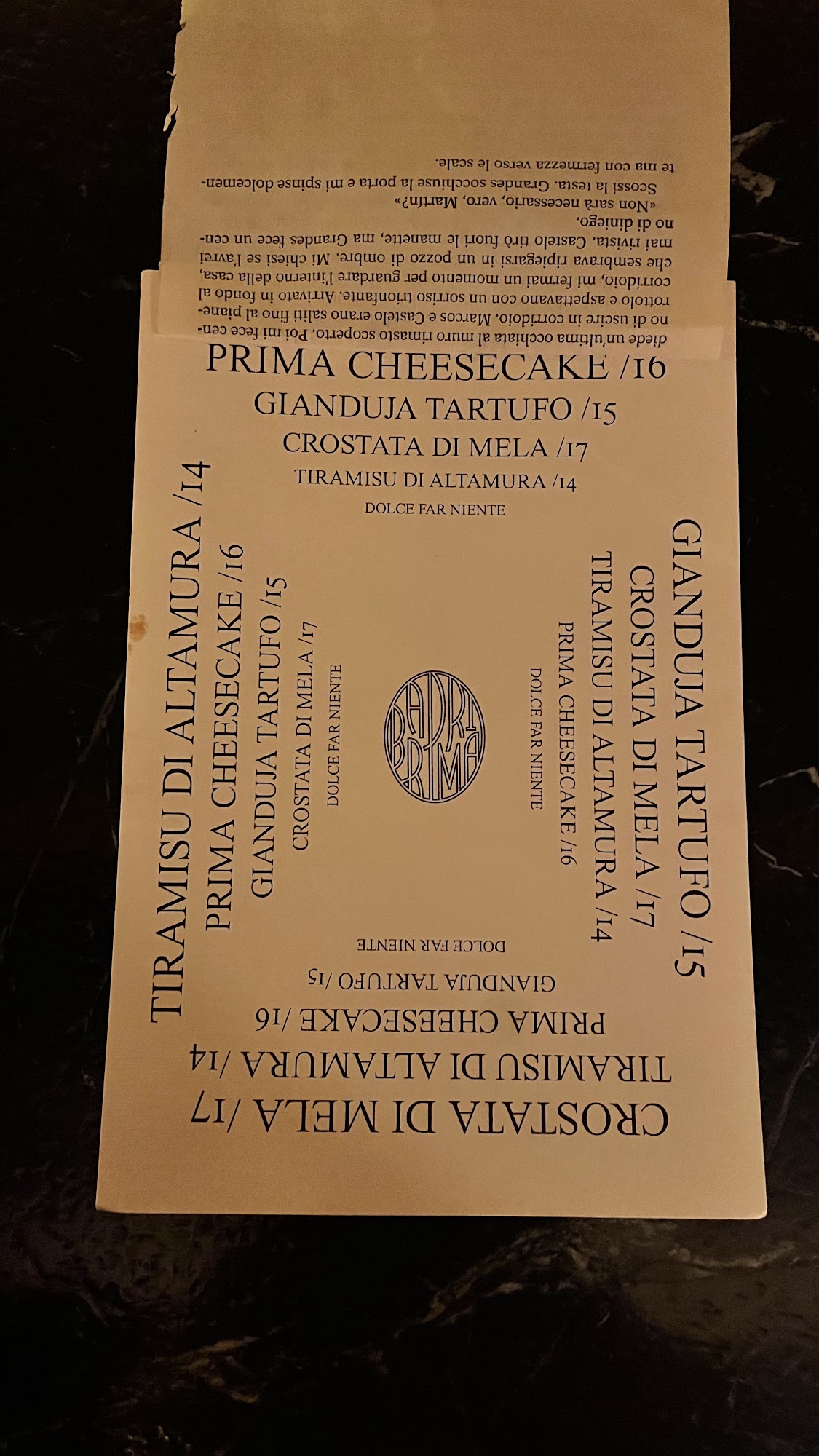 Bar Prima Menu