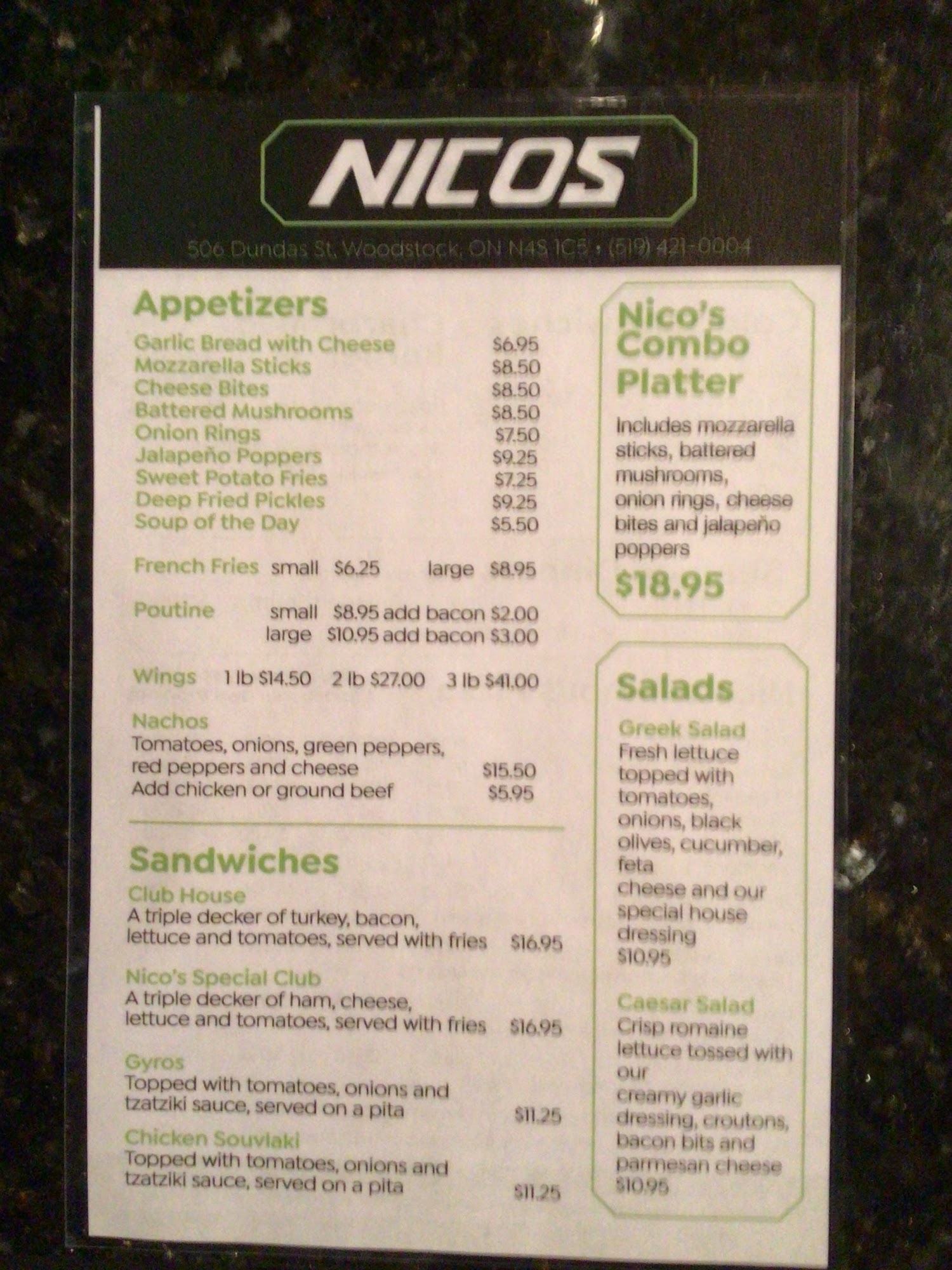 NICOS Sports Bar & Grill Menu