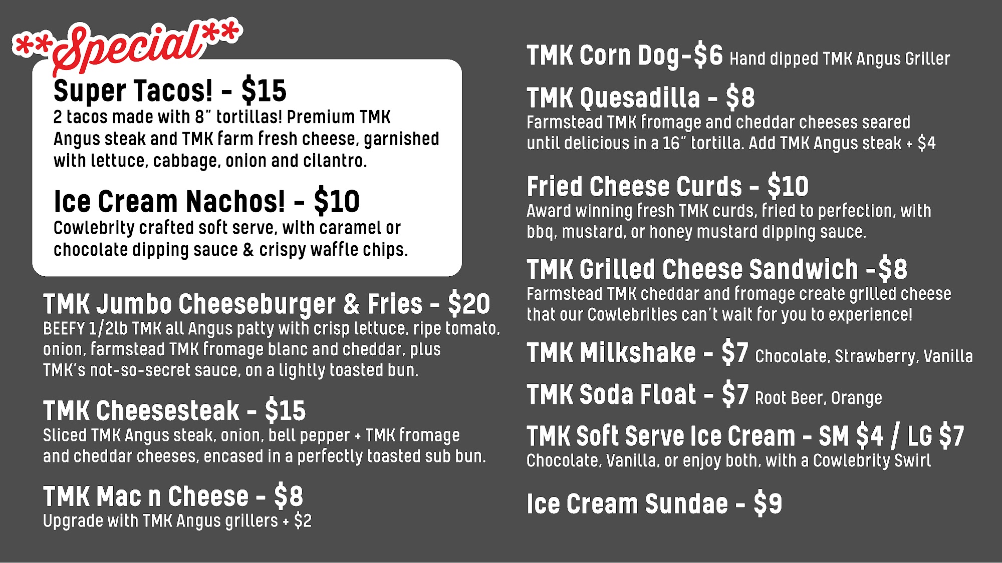 TMK Creamery + TMK Distillery Menu