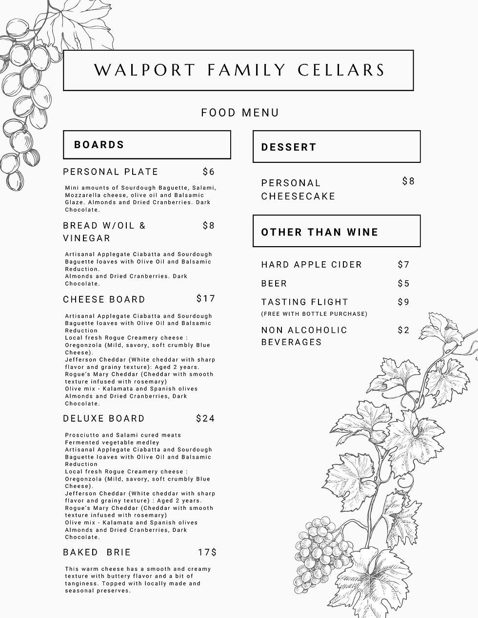 Walport Family Cellars Menu