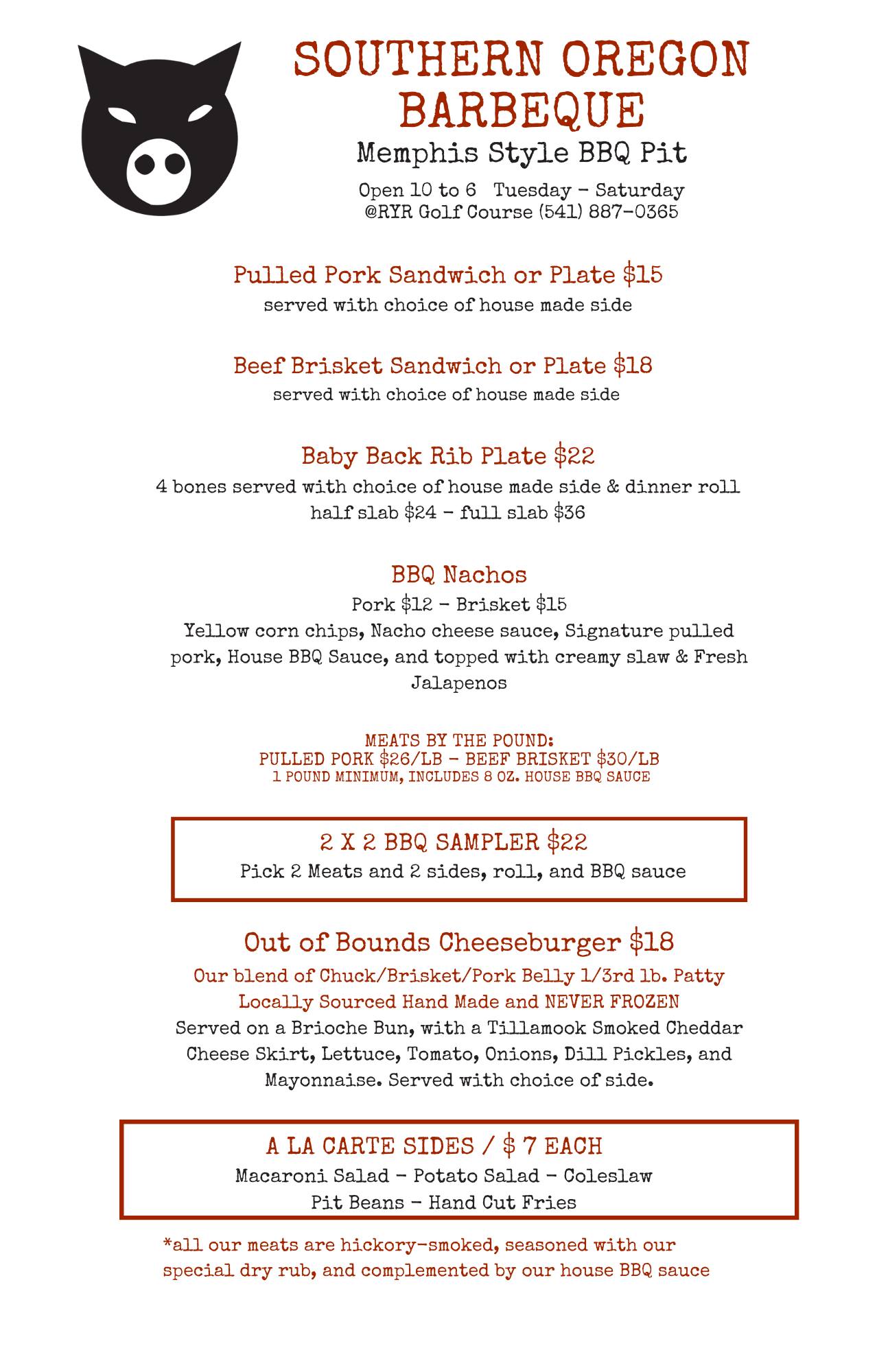 Southern Oregon Barbeque Menu