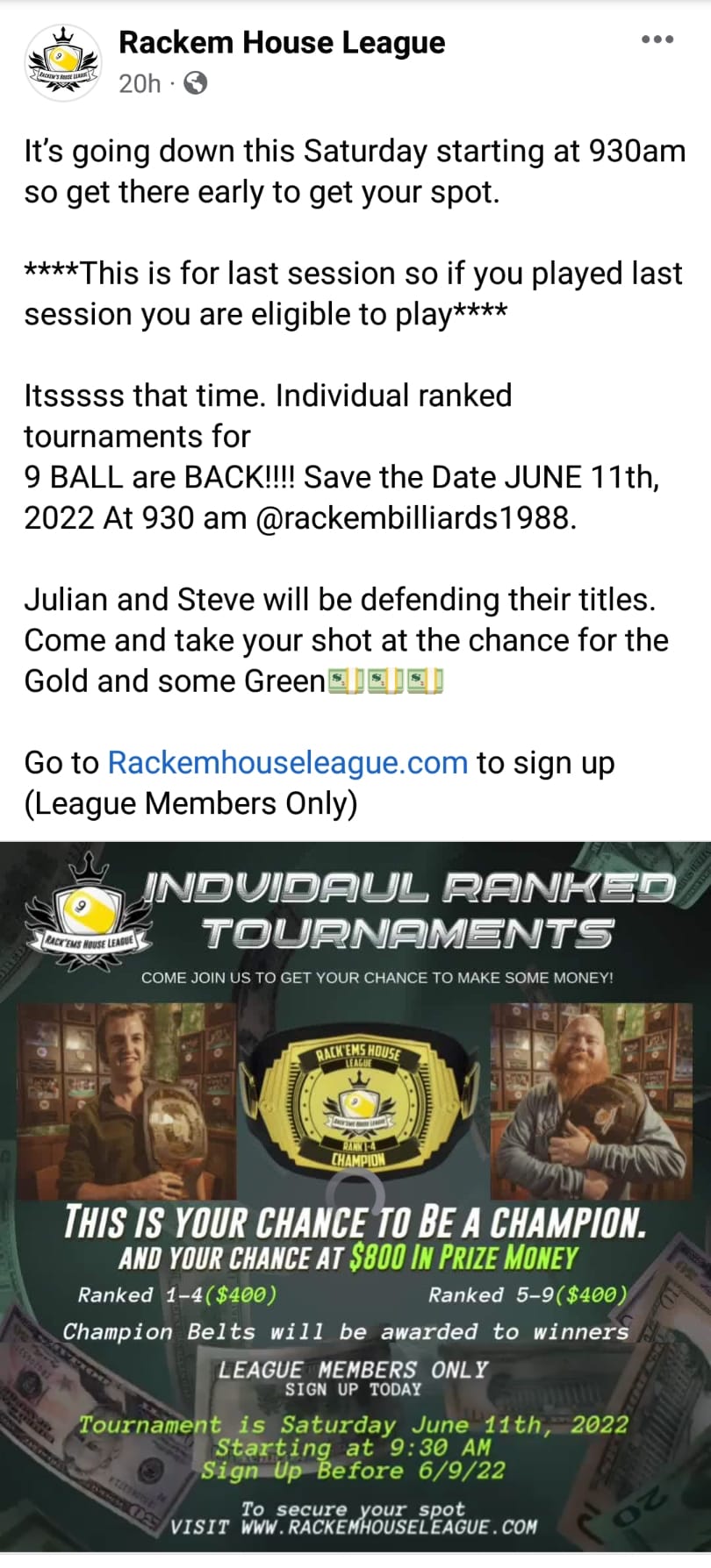 Rack 'Em Billiards Menu