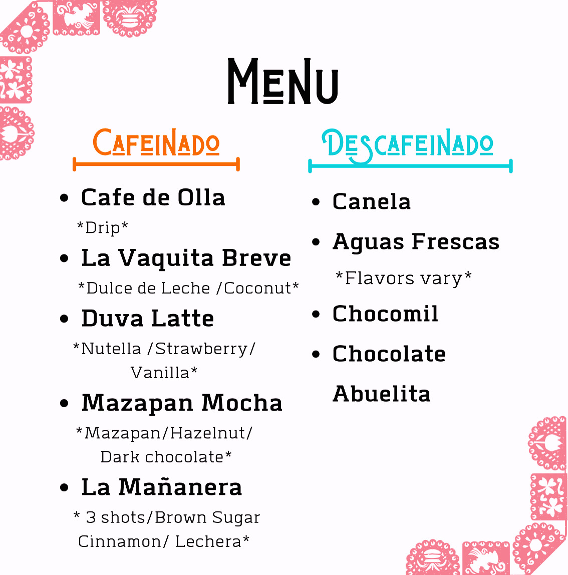 Café Mestiza Menu