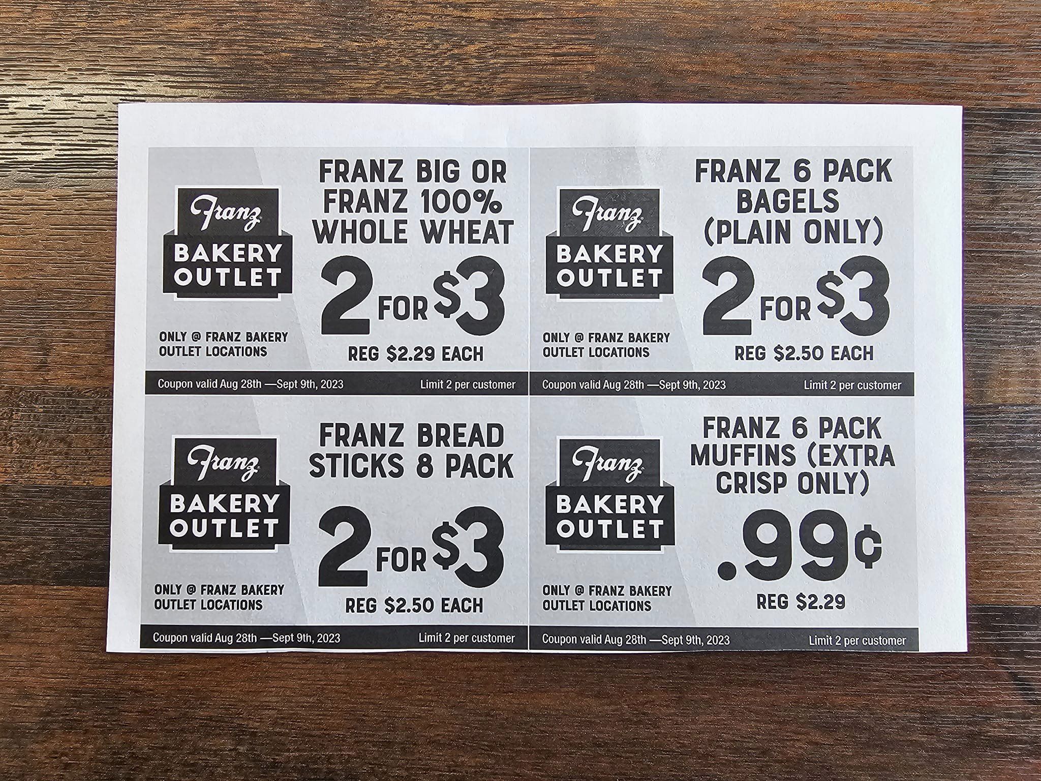 Franz Bakery Outlet Store Menu