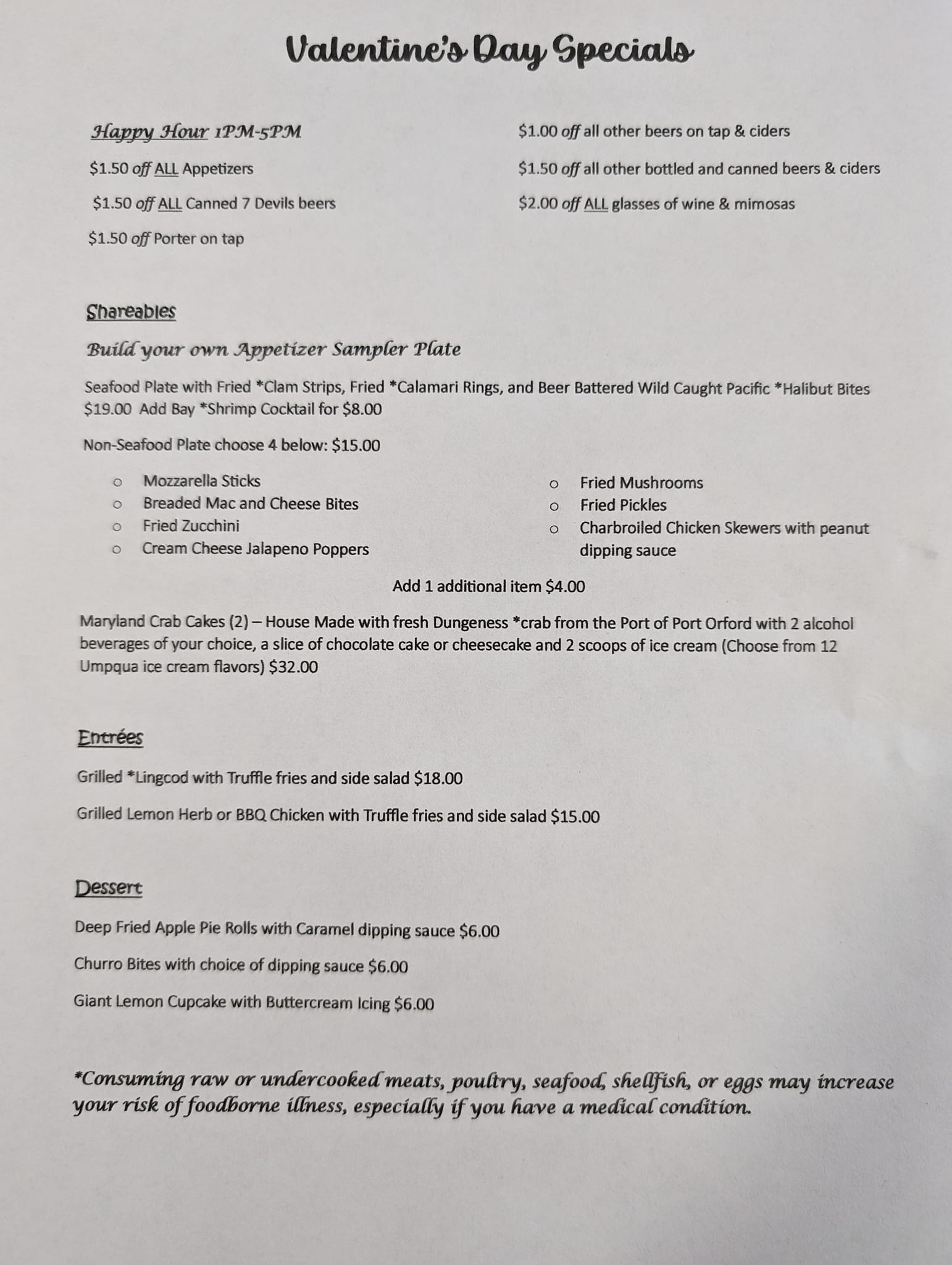 Shoreline Inn Bistro Menu