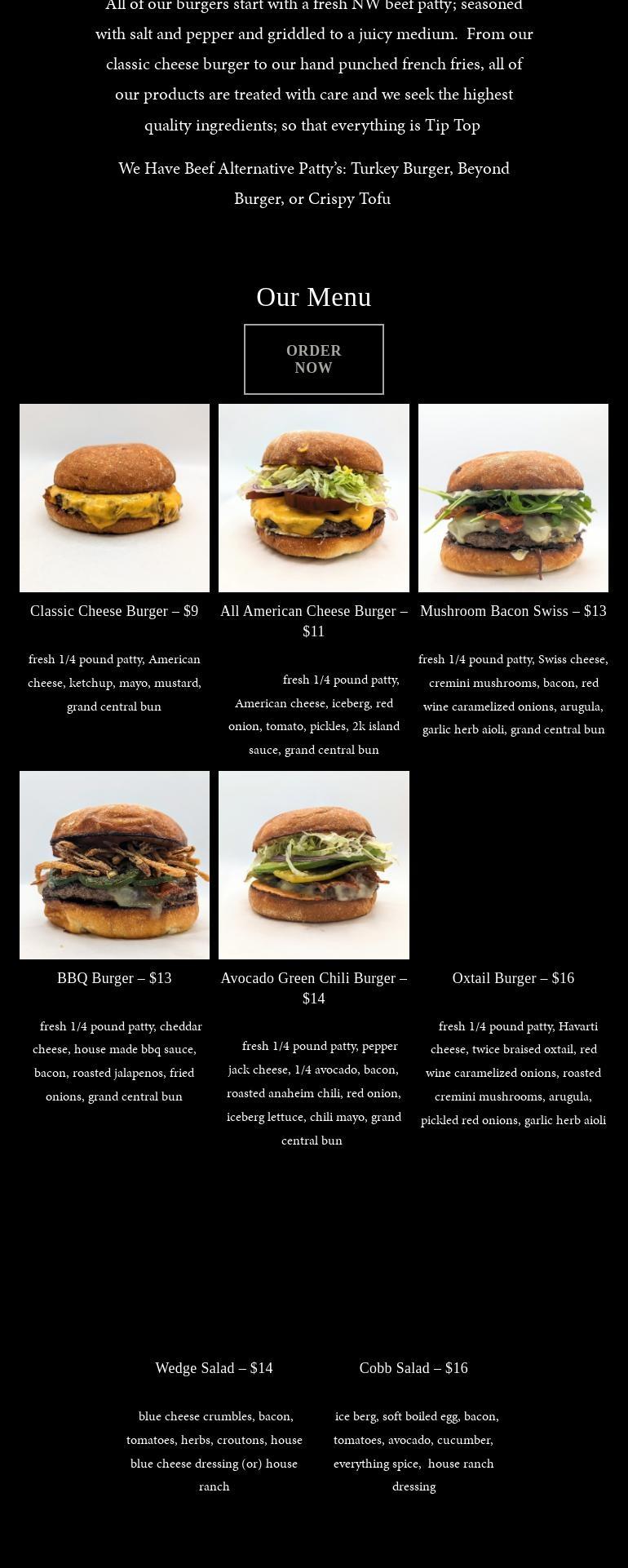 Tip Top Burger Shop Menu