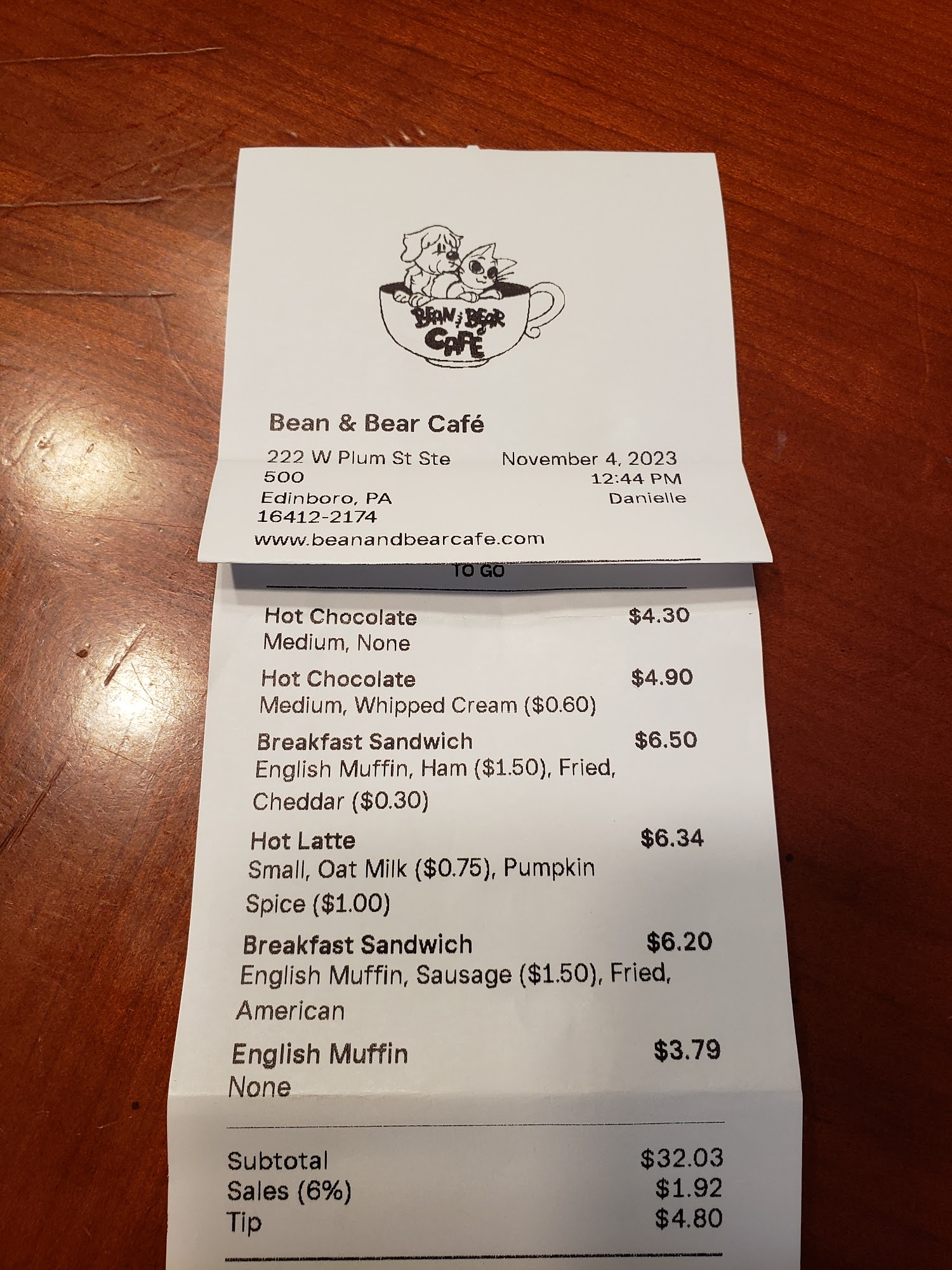 Bean & Bear Café Menu