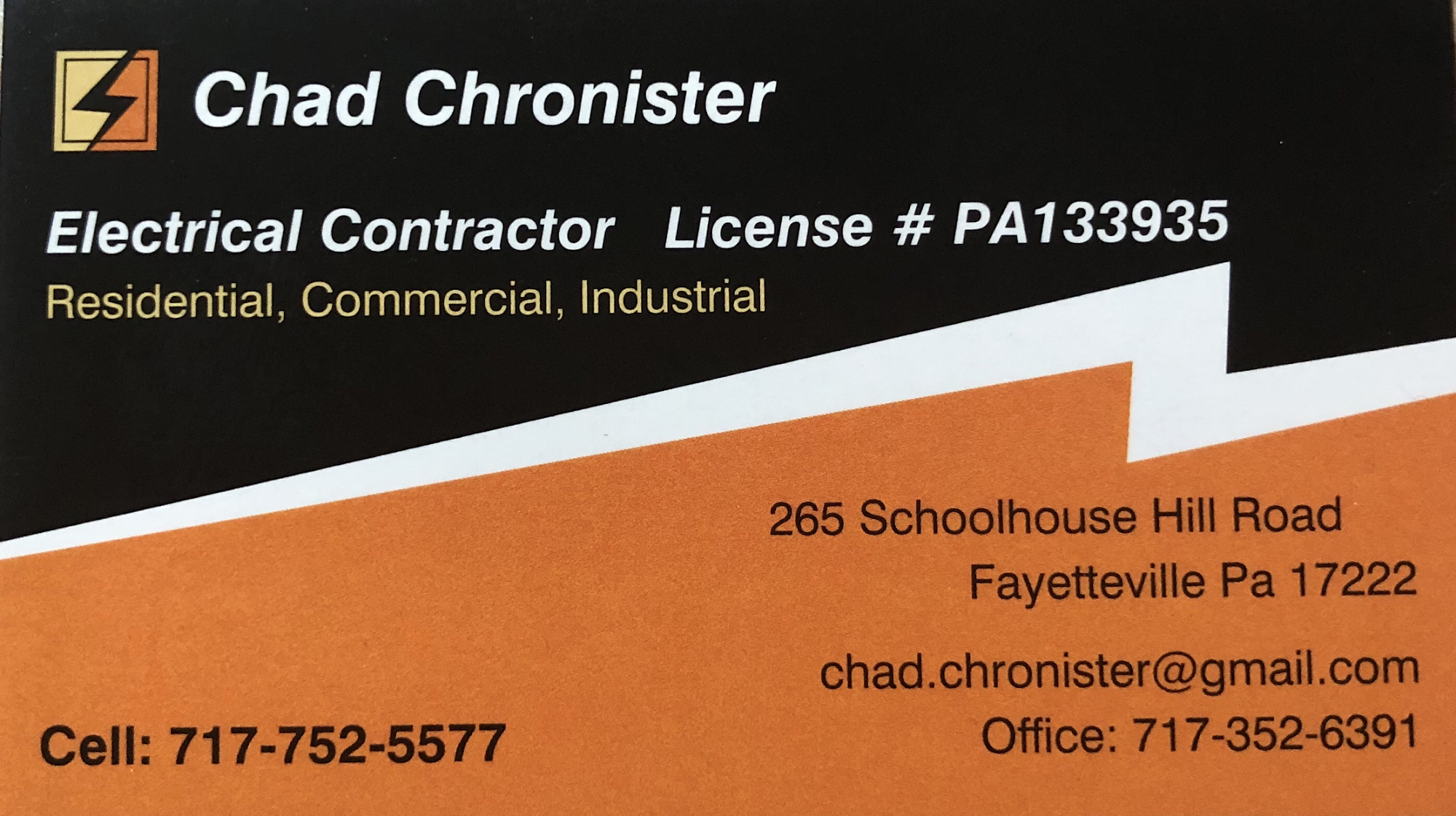 Chad Chronister Electrical Service 265 Schoolhouse Hill Rd, Fayetteville Pennsylvania 17222