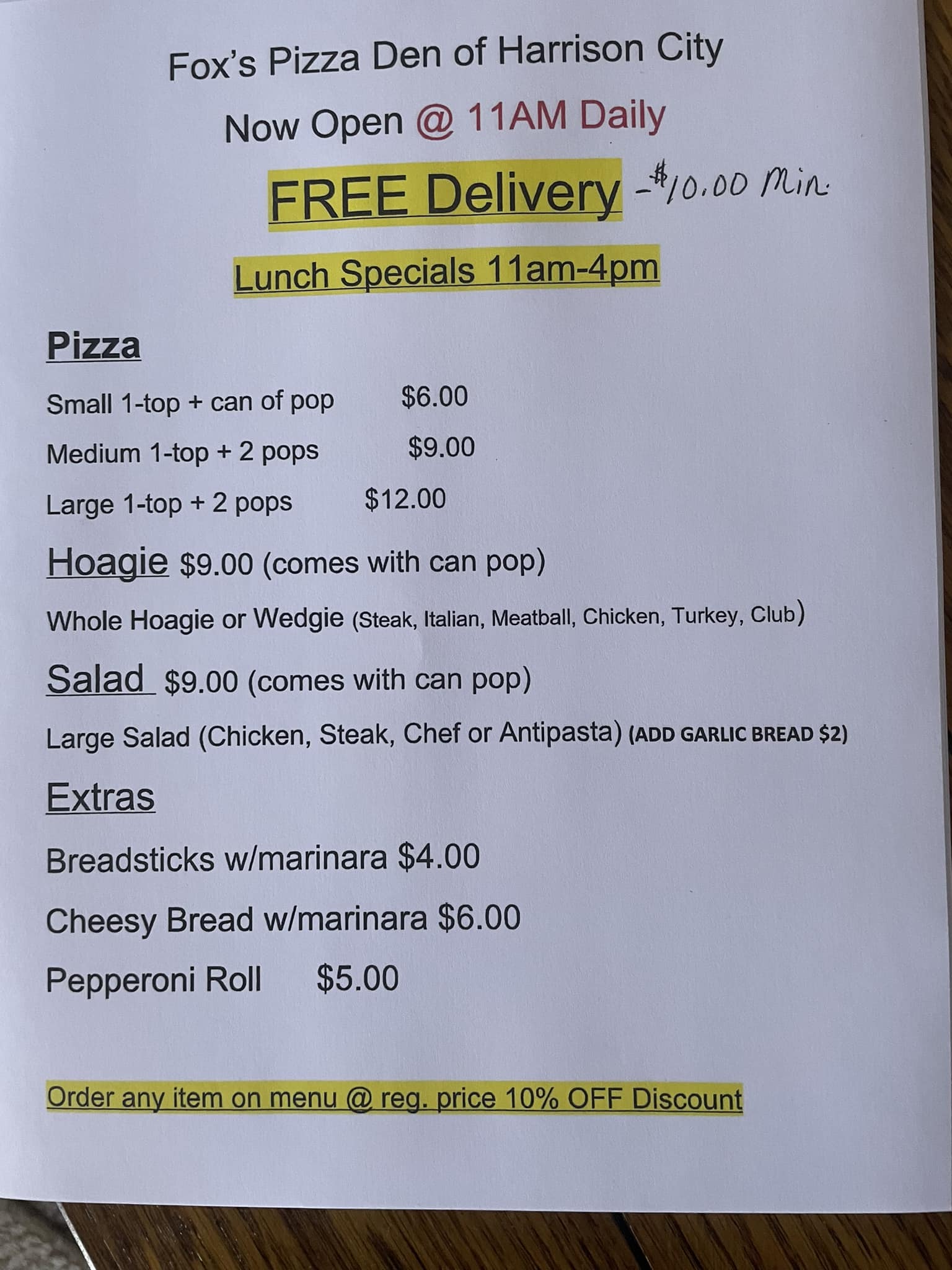Fox's Pizza Den Menu