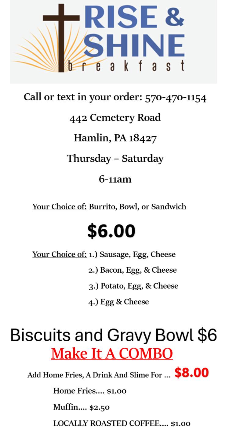 Rise And Shine Breakfast Menu