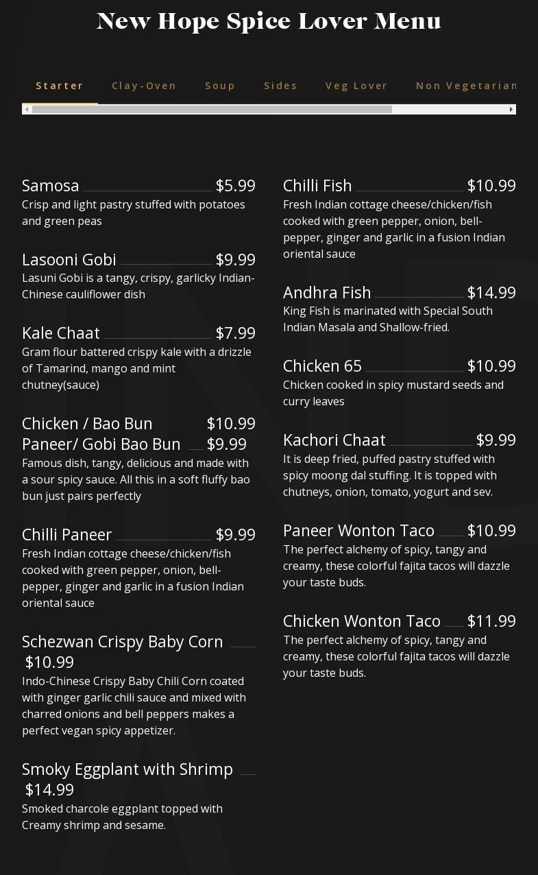 New Hope Spice Lover Menu