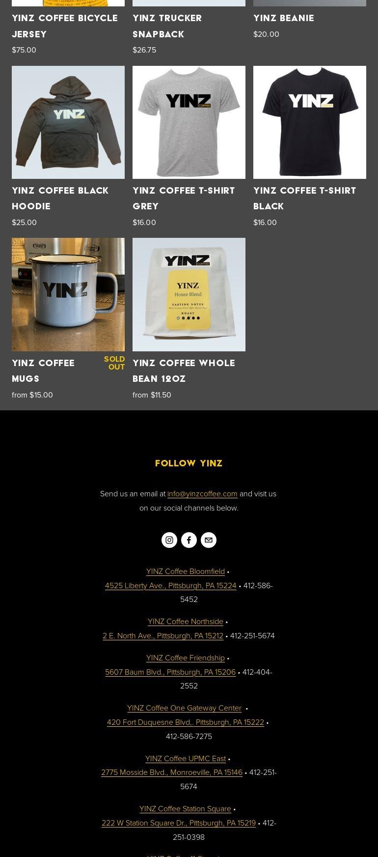 YINZ Coffee CLP Oakland Menu